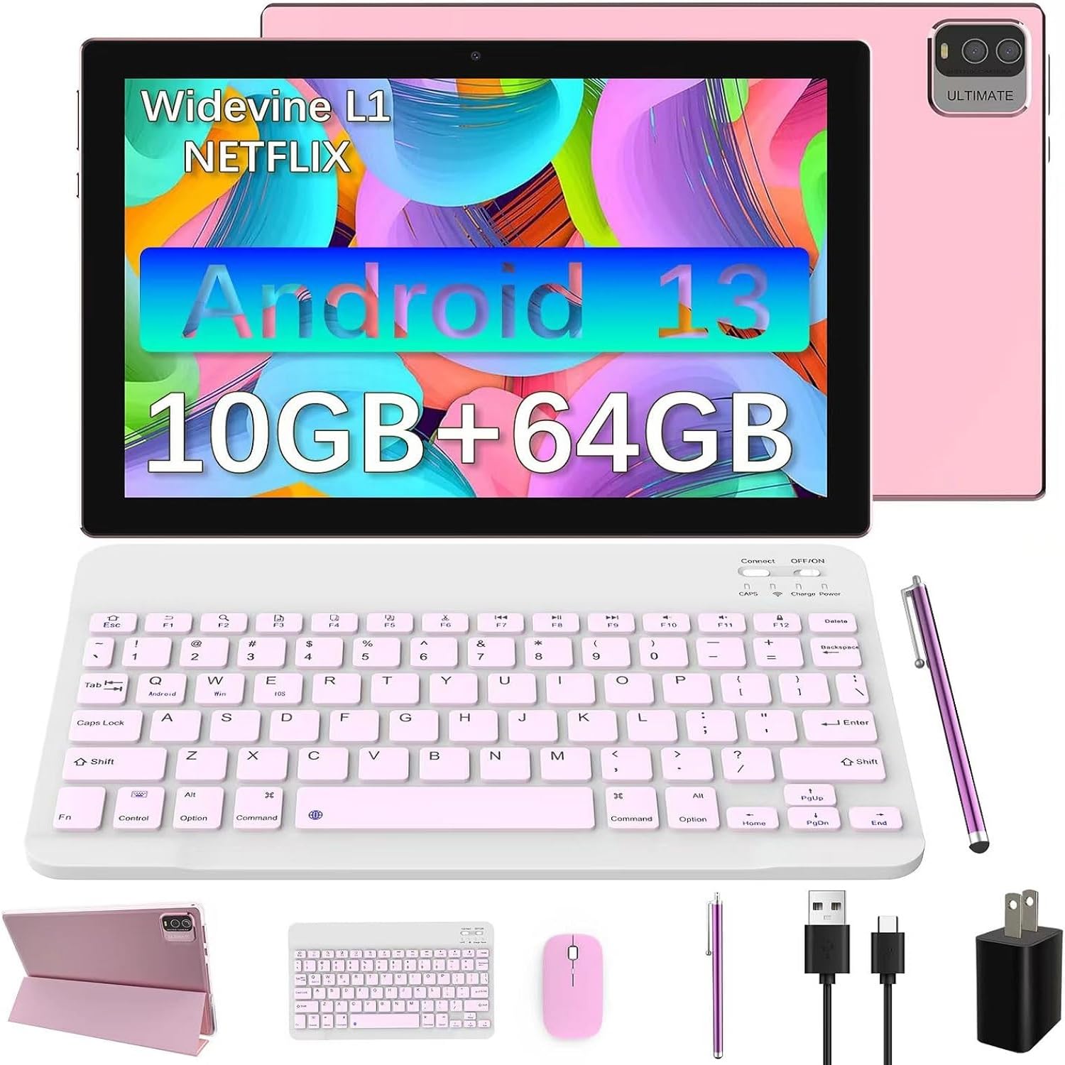 10 Inch Android 13 Tablet, 10Gb Ram+64Gb Rom Tablet, 2 In 1 Tablets With Keyboard Case Mouse Stylus, 1.8Ghz Quad Core Processor 