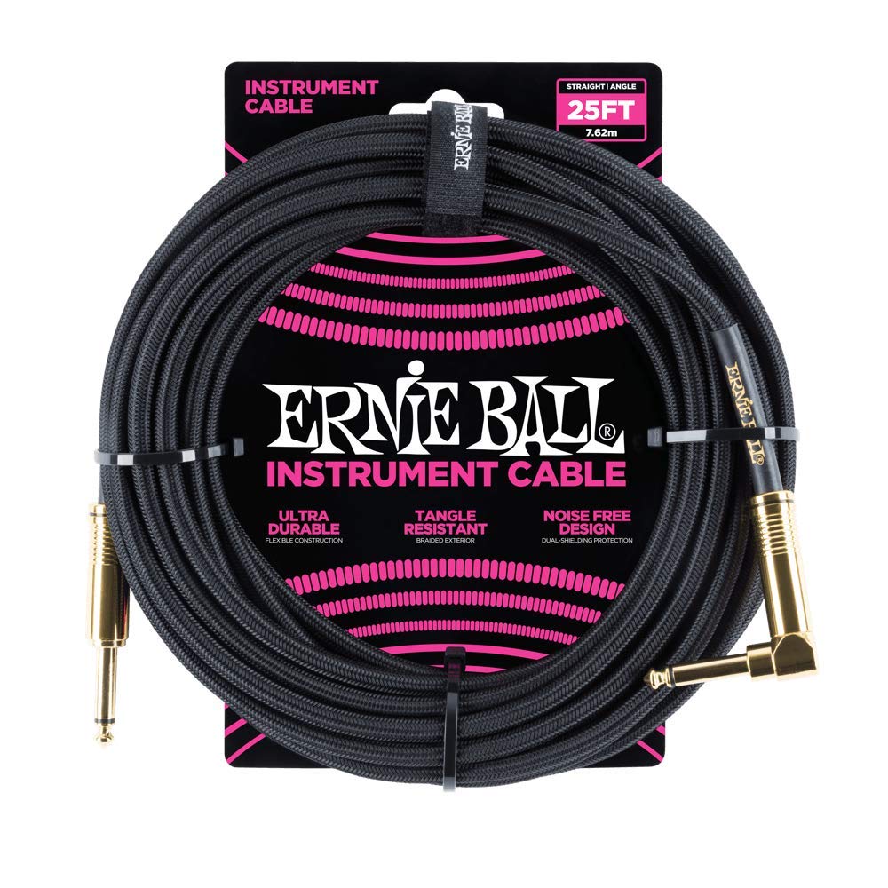 Ernie Ball Braided Instrument Cable, Straight/Angle, 25Ft, Black (P06058)