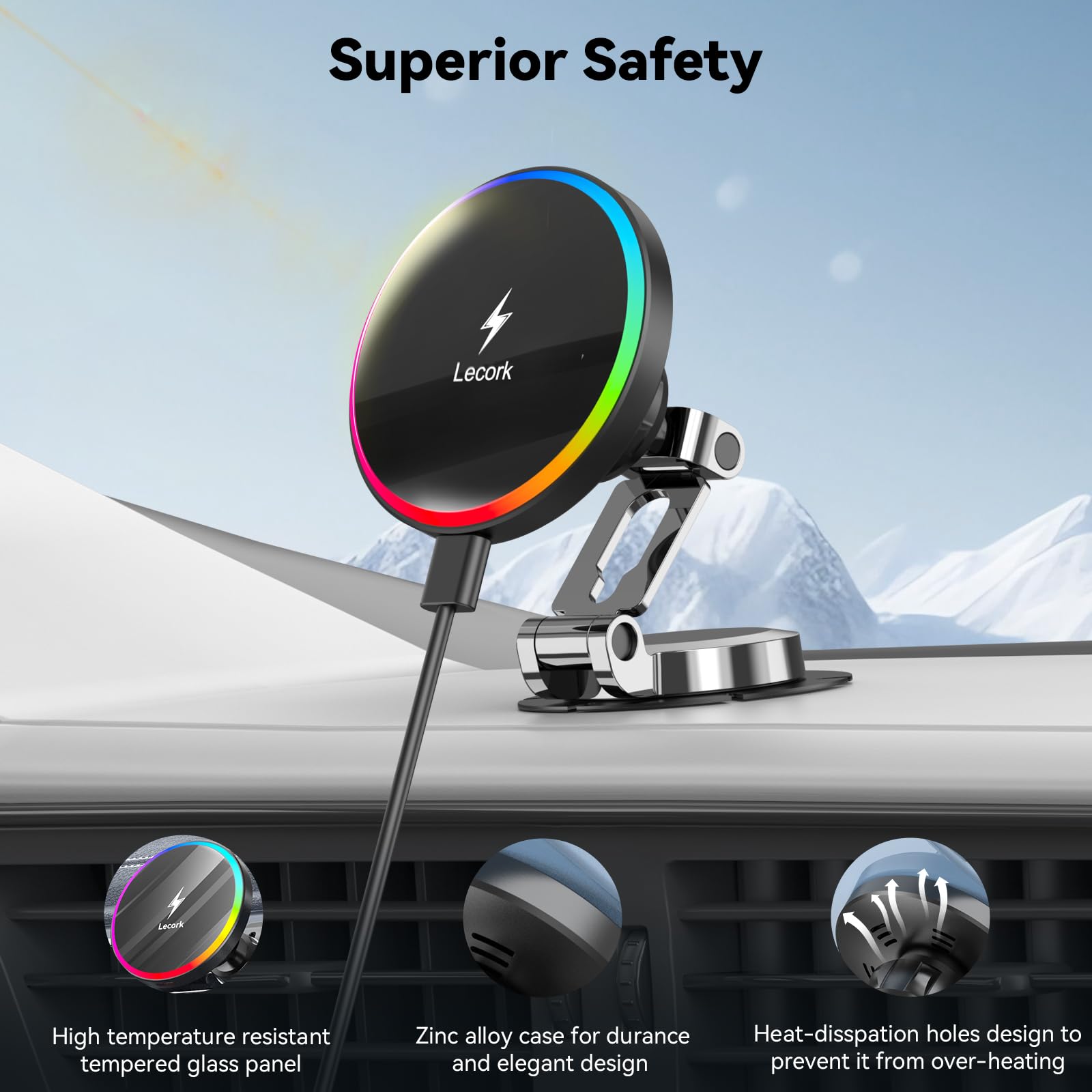 Lecork For Magsafe Car Mount Charger, 15W Magnetic Wireles Car Charger For Iphone 12 13 14 15 16 Series, Stick On Dashboard Phon