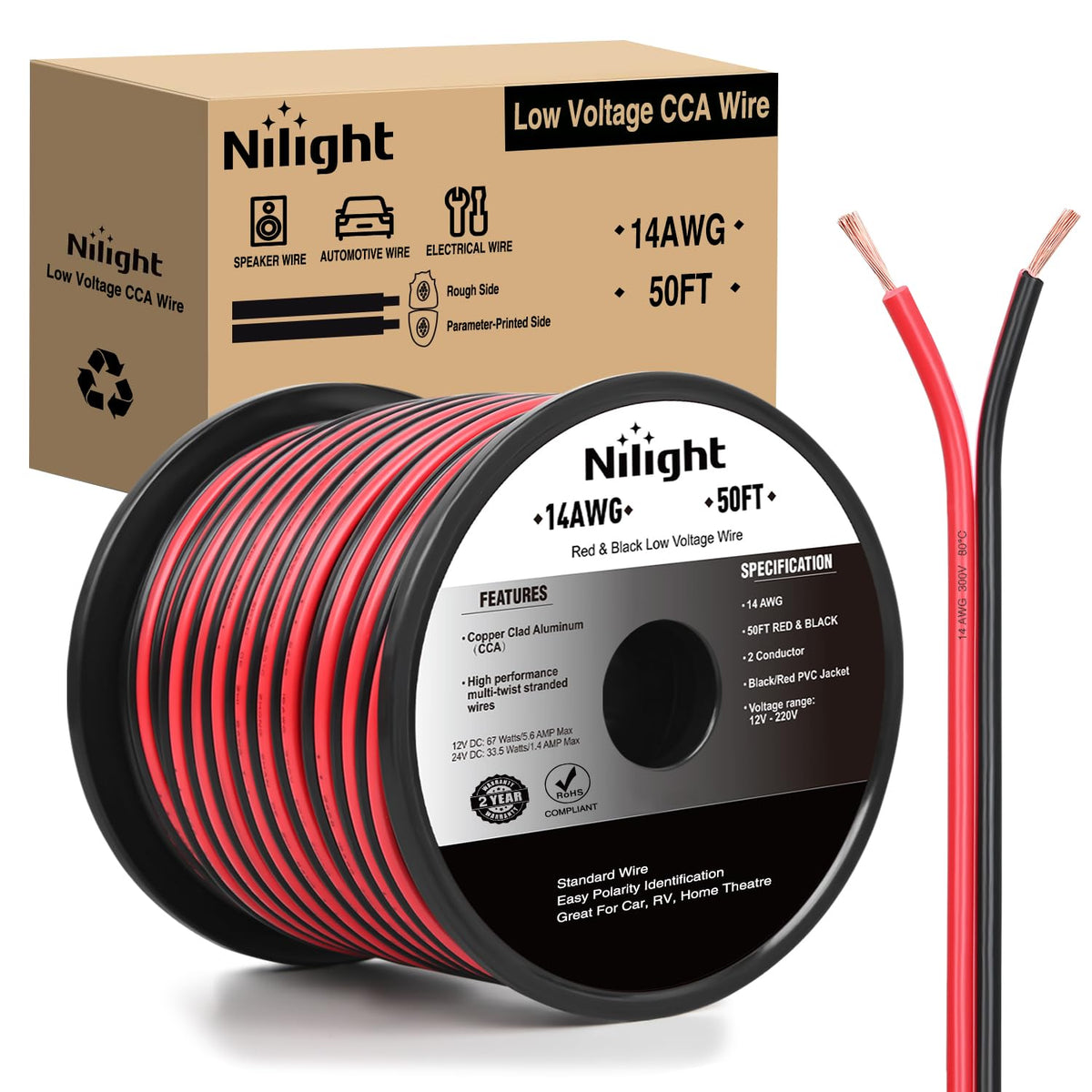 Nilight 50Ft 14Awg Copper Clad Aluminum Wire 14/2 Gauge Red Black Cca Electrical Cable 2 Conductor Parallel 12V/24V Dc Flexible