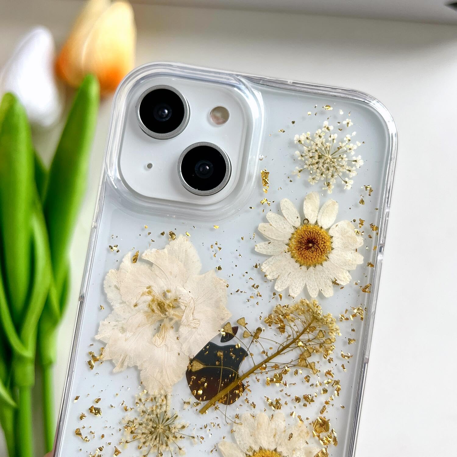 Lseeka For Iphone 13 / Iphone 14/ Iphone 15 Clear Case With Pressed Real Flowers Design,Glitter Cute White Floral Pattern Soft T