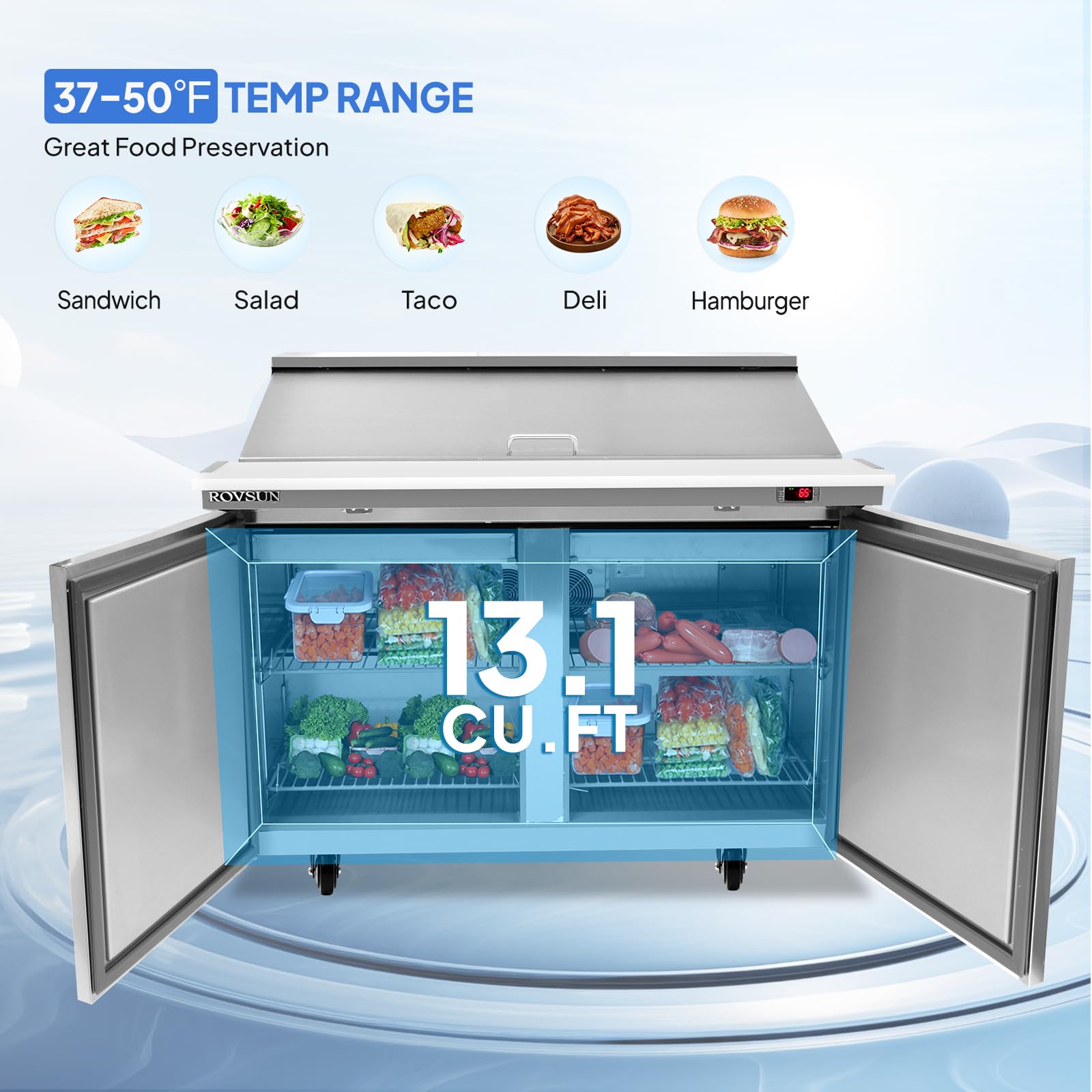 Rovsun 48  W Salad Sandwich Prep Table Refrigerator Etl Nsf, 13.1 Cu.Ft Commercial Refrigerator Salad Bar Stainless Steel W/18 P