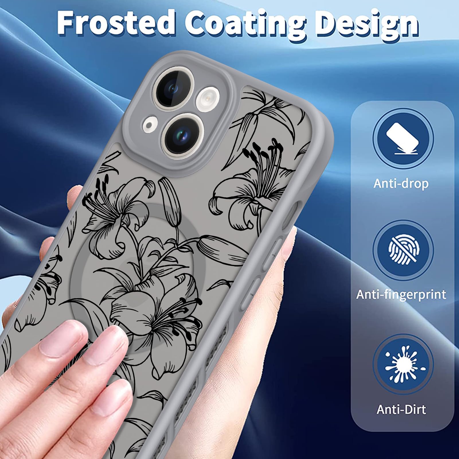 Ook Magnetic For Iphone 14 Case Grey Flower Lily Pattern [Compatible With Magsafe] Slim Translucent Matte Camera Lens Protection