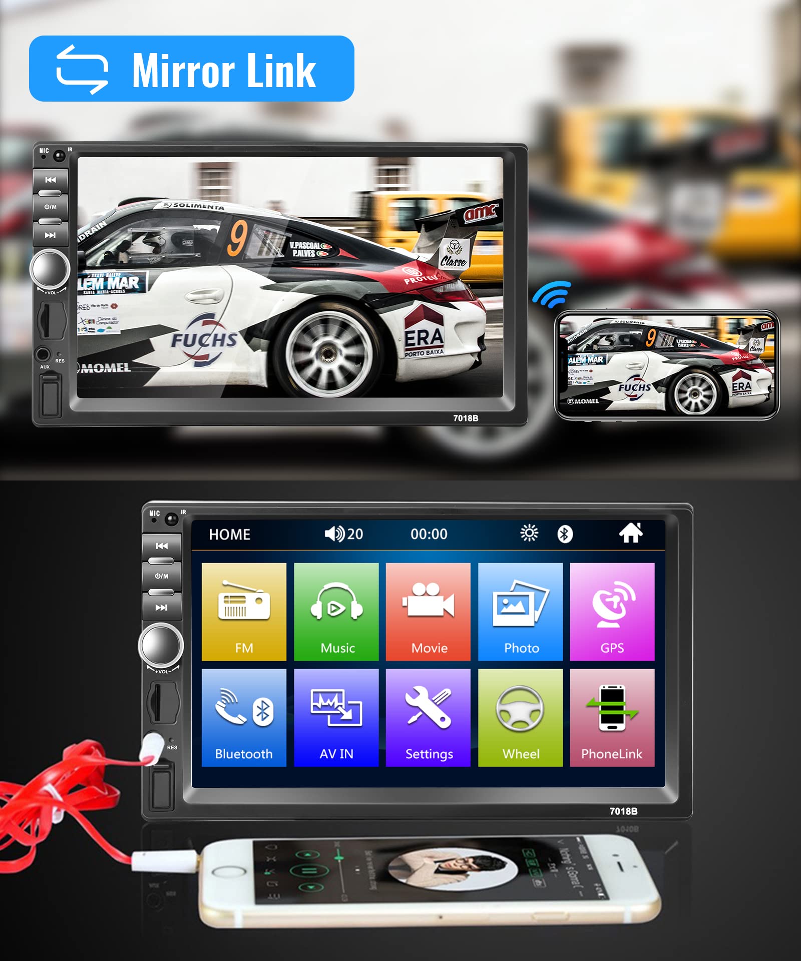 Rimoody 7 Inch Car Stereo Double Din Radio Touch Screen Bluetooth Handsfree Mirror Link Usb Sd Fm Multimedia Radio With Backup C