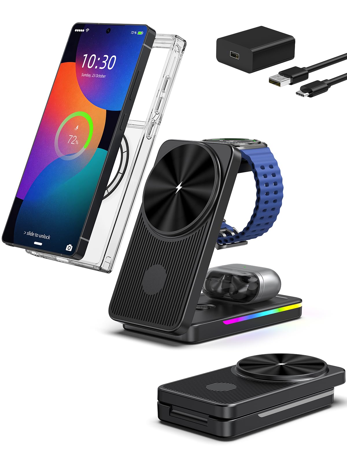 Magnetic Wireless Charger for Samsung Galaxy S26 Ultra, 3 in 1 Wireless Charging Station for Samsung Watch 8, Travel Foldable Ma