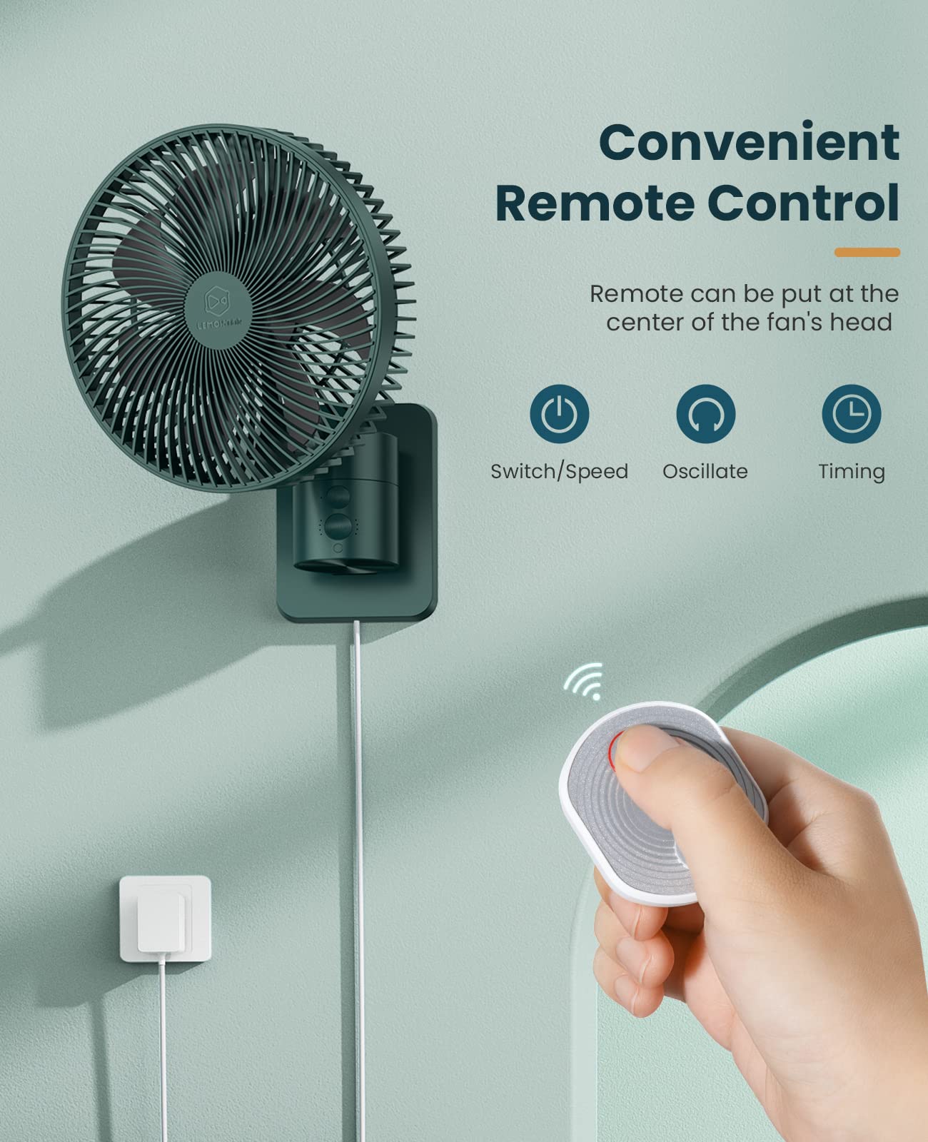 Lemoistar 8 Inch Small Wall Mounted Fan With Remote Control, 90 Oscillating, 4 Speeds High Velocity, Timer, Adjustable Tilt, 70