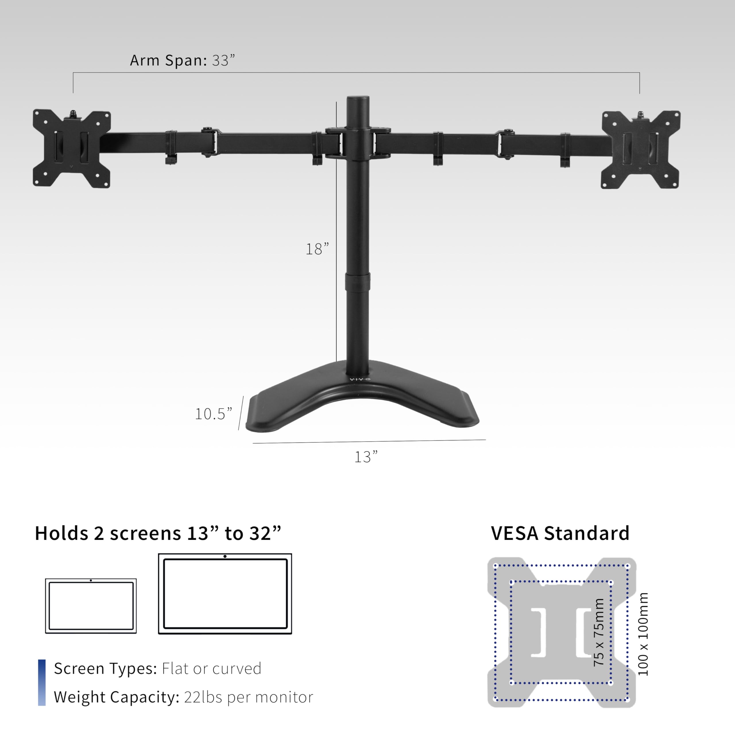 VIVO Dual LED LCD Monitor Mount, Free Standing Desk Stand for 2 Screens up to 32 Inch, Heavy Duty Fully Adjustable Arms with Max VESA 100x100mm, Black, STAND V032F