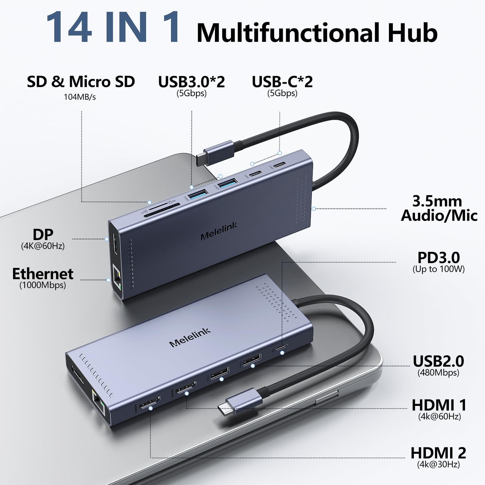 Usb C Docking Station Dual Monitor, 14 In 1 Triple Display Usb C Hub Multiport Adapter With 2 Hdmi 4K,Displayport,Pd Charging,Et