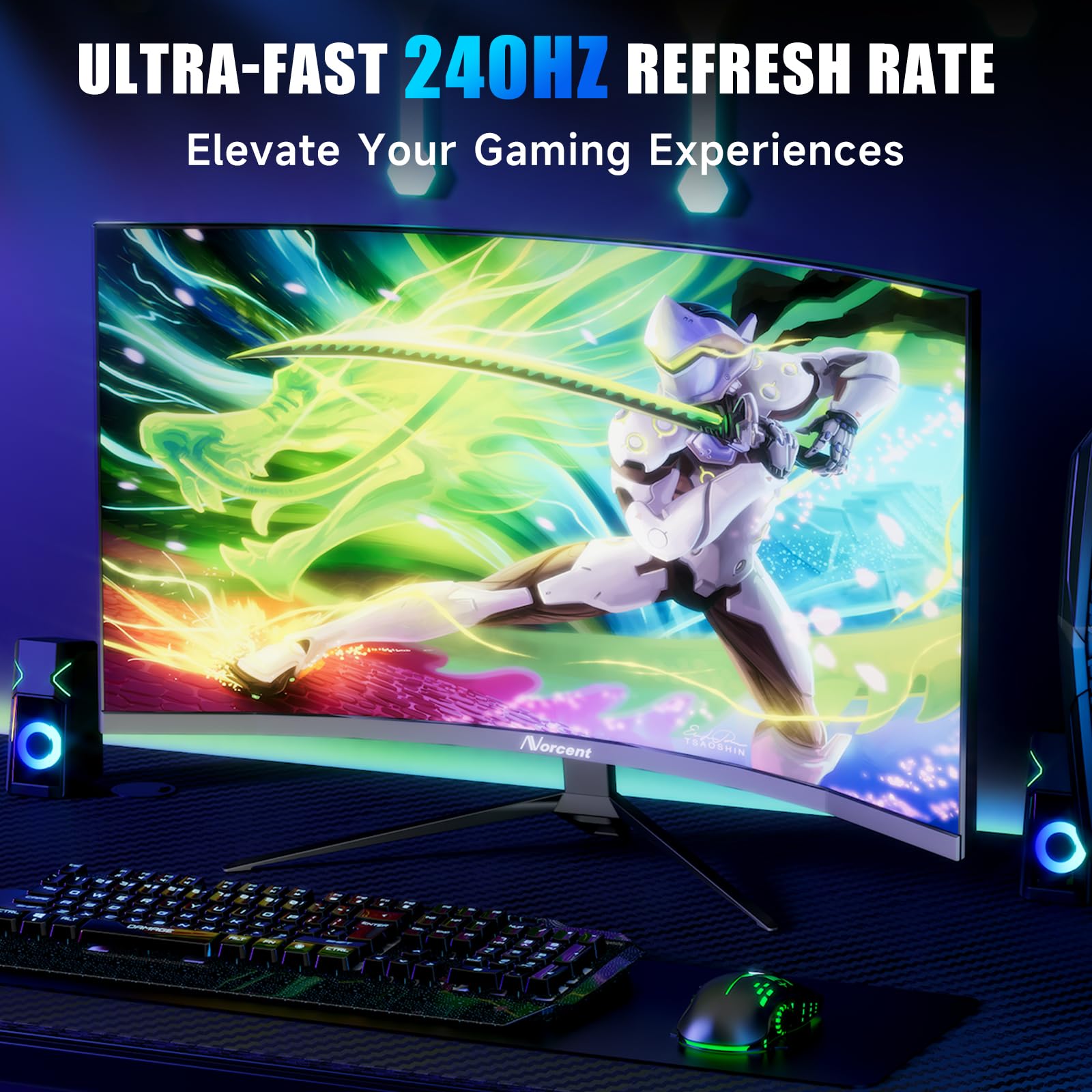 Norcent 27 Inch Fhd Va Gaming Curved Monitor With Rainbow Lights, 240Hz Refresh Rate, Eye Care 1080P Display, Freesync G Sync Co