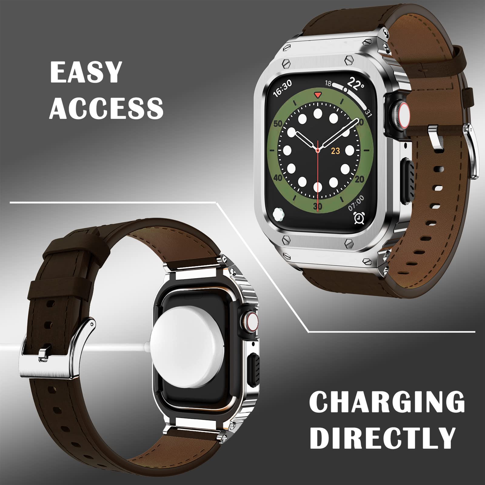 Suplink Stainless Steel Case And Bands Compatible With Apple Watch Series 8 9 7 Band 45Mm For Men,Leather Strap And Rugged Apple