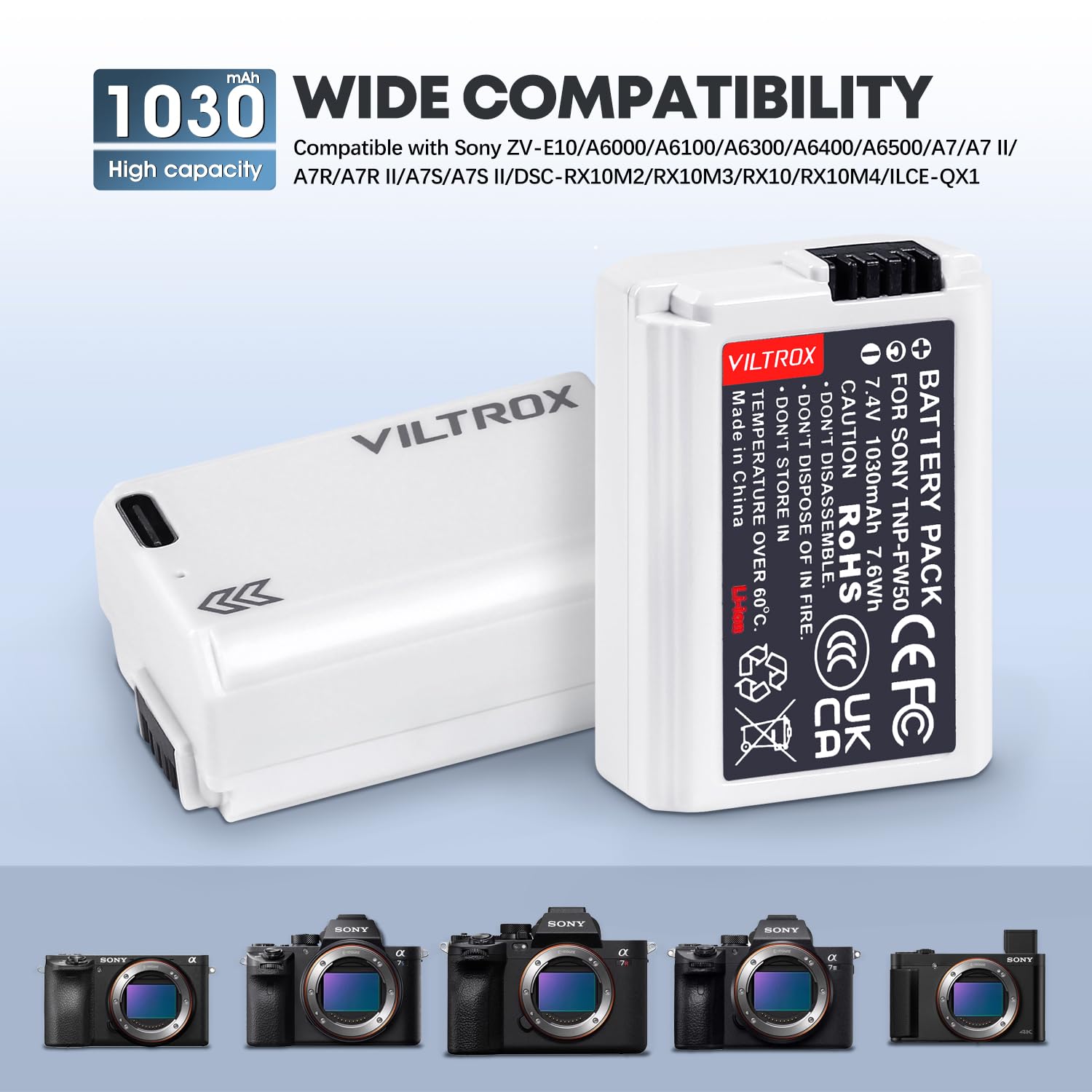 Viltrox Np Fw50 1030Mah Camera Battery, Type C Fast Charging Replacement Battery For Sony Zv E10, Alpha 7, A7, A7Ii, A7Rii, A7Si
