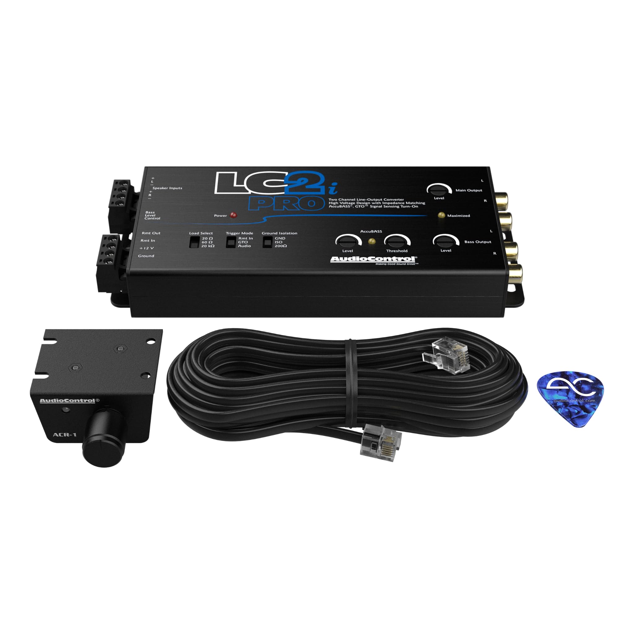 Audiocontrol Lc2I Pro 2 Channel Line Output Converter With Wireless Qi Universal Phone Charger Kit. Impedance Matching, Accubass, Gto, Audio Signal Sense, 12V Turn On And Acr 1 Dash Remote Sub Control