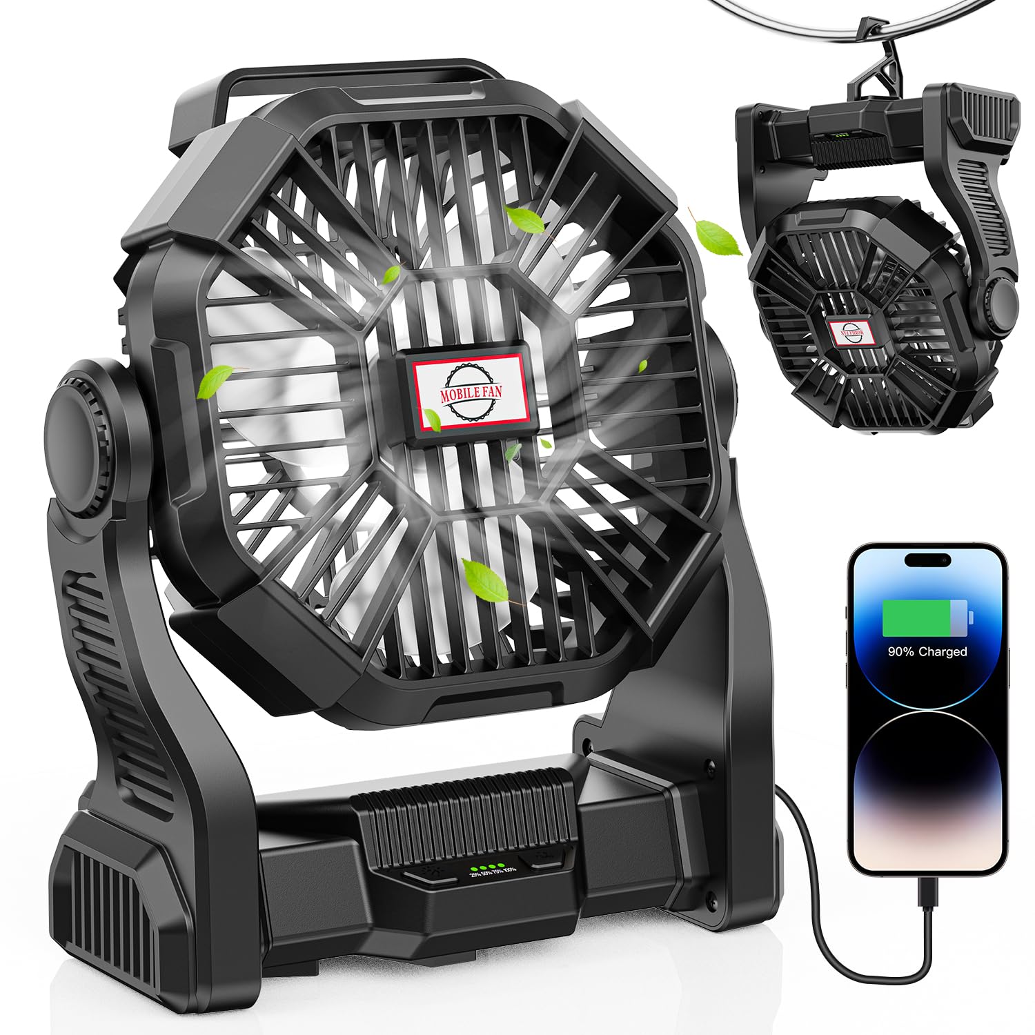 DOWILLDO 30000mAh Portable Battery Powered Camping Fan - with LED Light, Quiet Battery Operated, Camping Gear for Travel, Tent, 