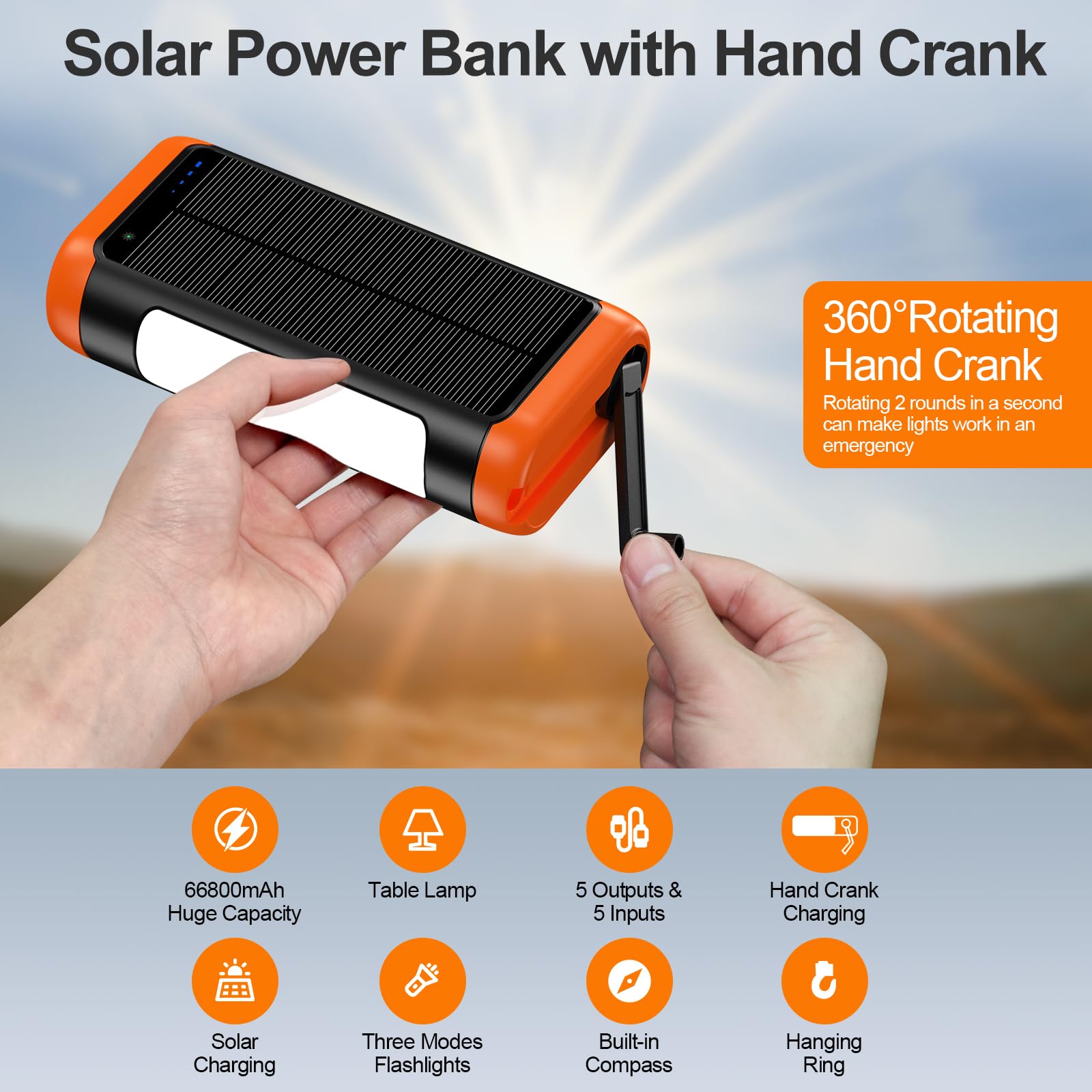 Djkk Solar Power Bank Portable Charger:66800Mah Built In Hand Crank And 3 Cables 22.5W Fast Charging Phone External Battery Pack