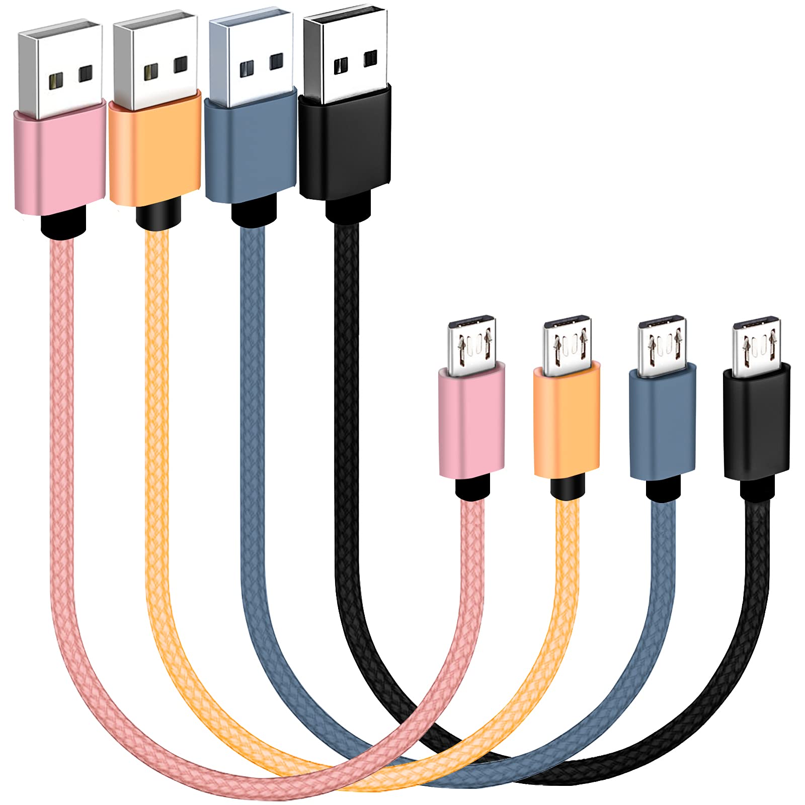 Sumpk Short Micro Usb Cable 4 Pack 8 Inch, Usb 2.0 A Male To Micro B Nylon Braided High Speed Charging Cable For Android Phone,
