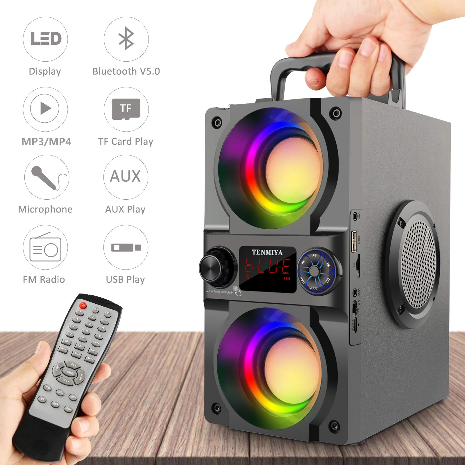 Bluetooth Speaker, 40W (60W Peak) Portable Wireless Speaker With Colorful Lights, Double Subwoofer Heavy Bass, Fm Radio, Mp3 Pla