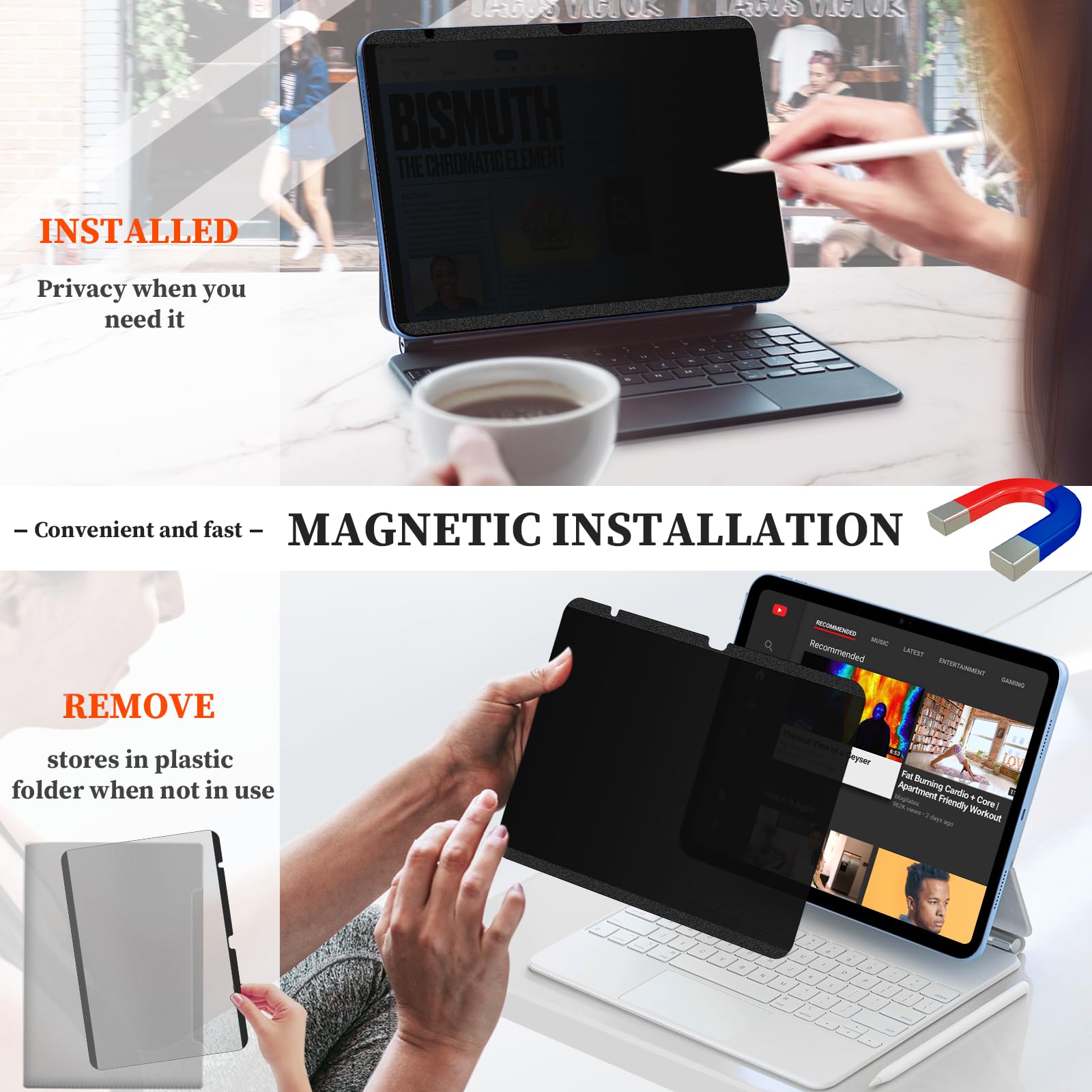 Upgraded 360 Ipad 10.9 10Th Generation 2022 Privacy Screen Protector (Landscape+Portrait Privacy), Magnetic Removable 4 Way Anti