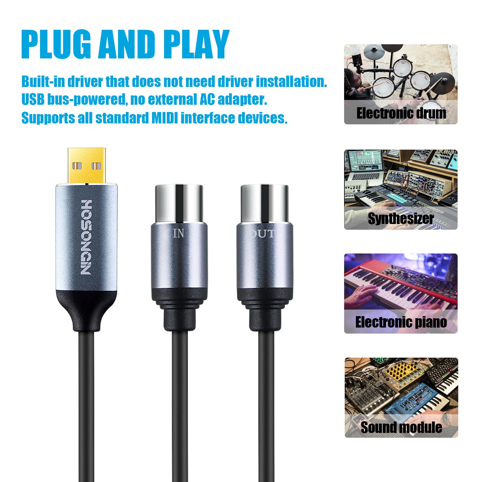 Hosongin Midi To Usb Cable 6 Feet, Usb To 5 Pin Midi Interface Adapter Connecting With Keyboard Synthesizer Drum For Editing Recording