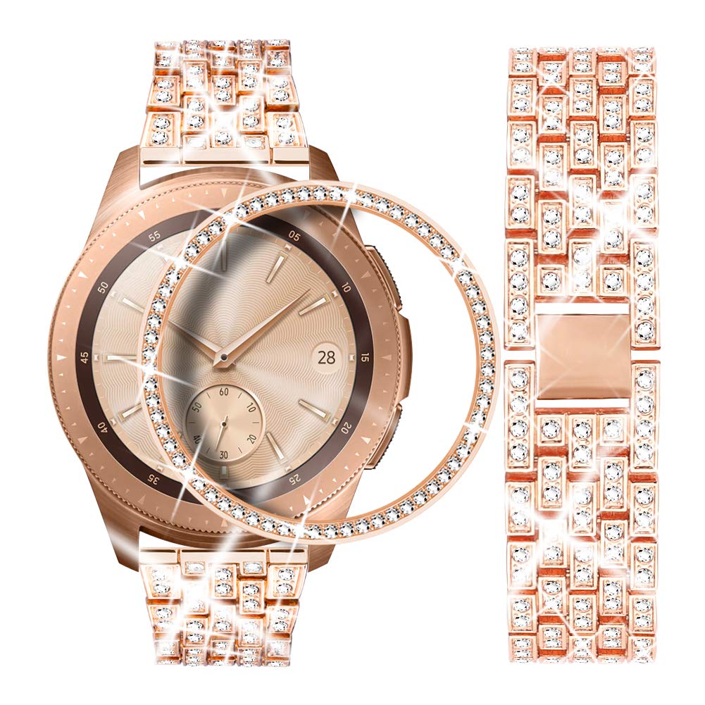 Dsytom Compatible with Samsung Galaxy Watch 42mm Band Women+ Bezel, 20mm Jewelry Watchband & Bezel Ring Cover Diamond Strap Brac