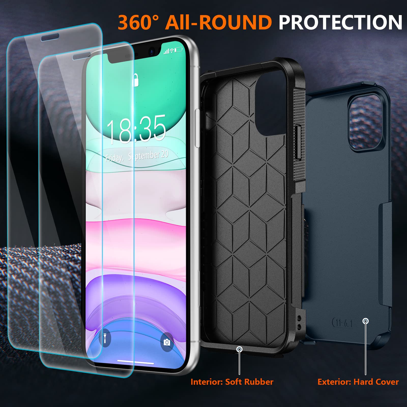 Spidercase Designed For Iphone 11 Case,[10 Ft Military Grade Drop Protection],With 2 Pcs[Tempered Glass Screen Protector+Camera