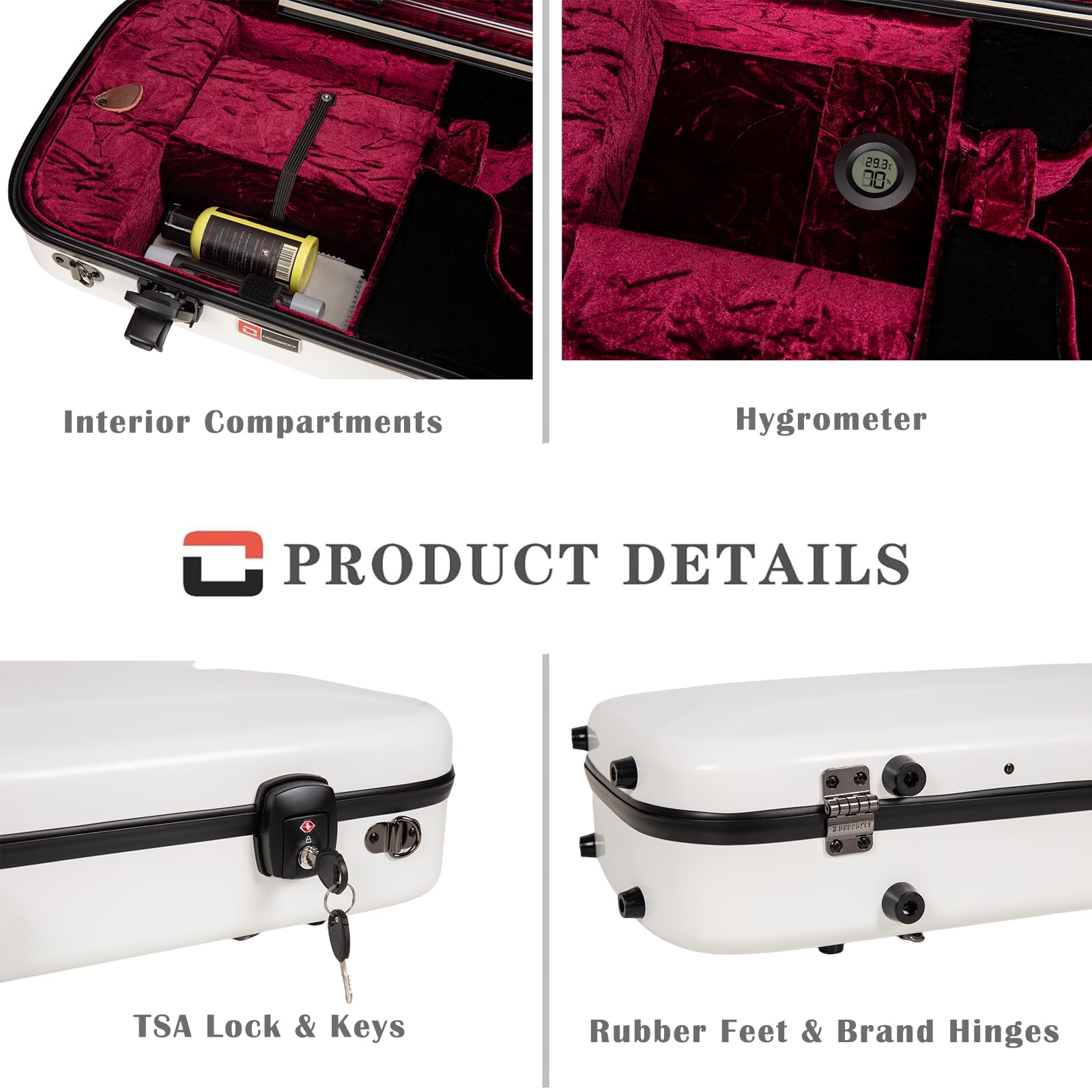 Crossrock Fiberglass Oblong Case Fits 4/4 Full-Size Violin, With Accessory Compartments, Removable Shoulder Straps, Tsa Lock, Hy