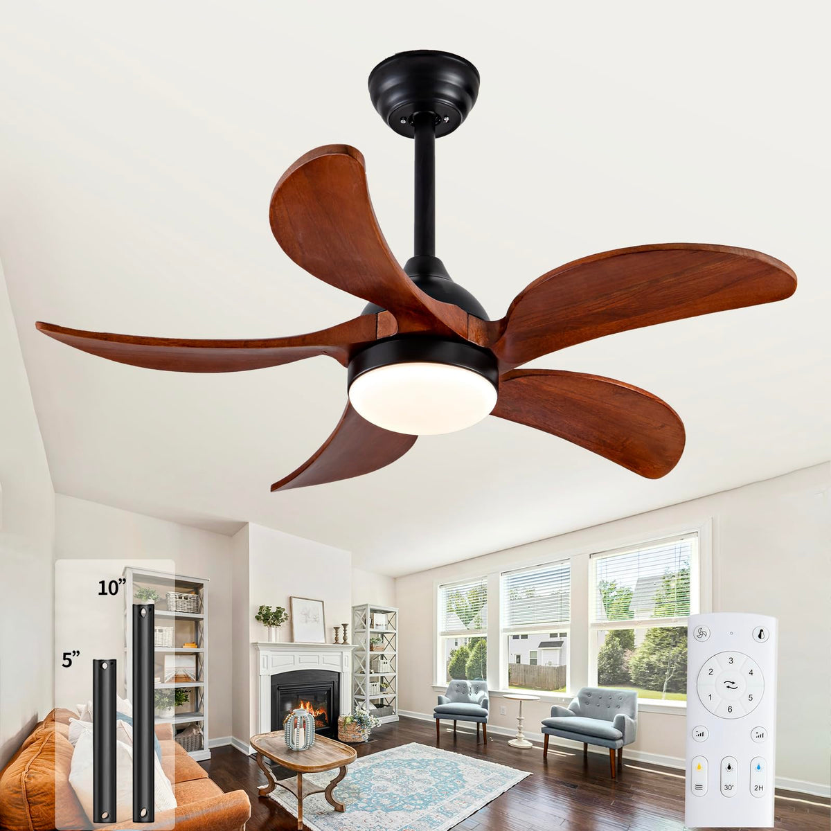 Katstle 36 Inch Wood Ceiling Fans With Lights Remote Control,Dimmable 5 Blades Propeller,Modern Quiet Small Ceiling Fans For Ind