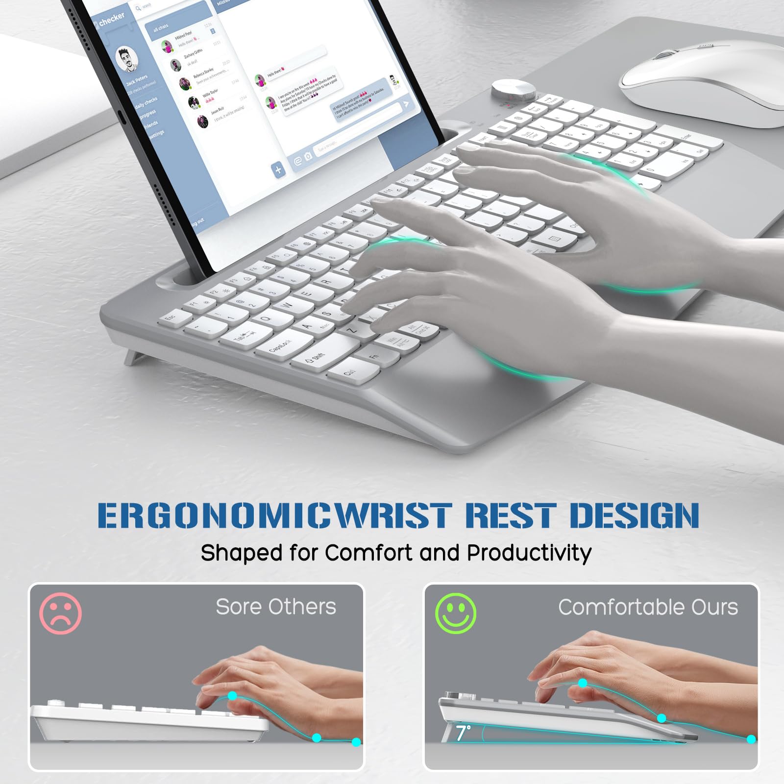 Joyaccess Ergonomic Wireless Keyboard And Mouse, Full Sized Ergonomic Keyboard With Wrist Rest, Wireless Keyboard And Mouse Comb