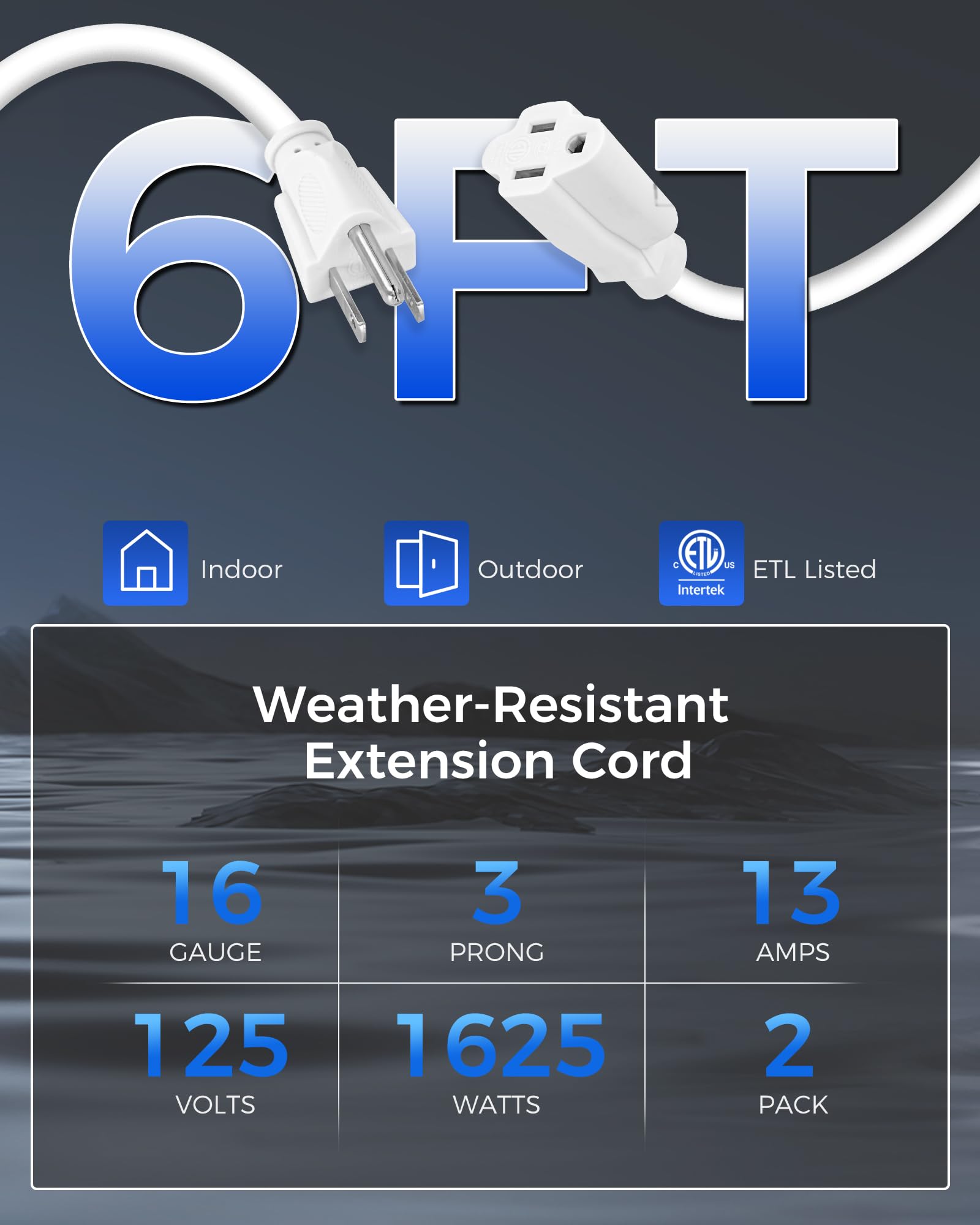 Wilawels 2 Pack Outdoor Extension Cord 6Ft, 16/3 Sjtw Durable Power Cable For Indoor And Outside Use, 3 Prong Grounded Outlets P