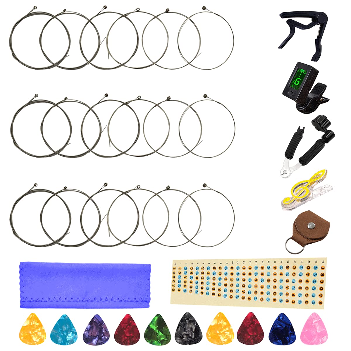 Electric Guitar Strings 3 Full Sets And Guitar Tuner Guitar Restringing Tool Guitar Capo Guitar Picks And Other Useful Tools