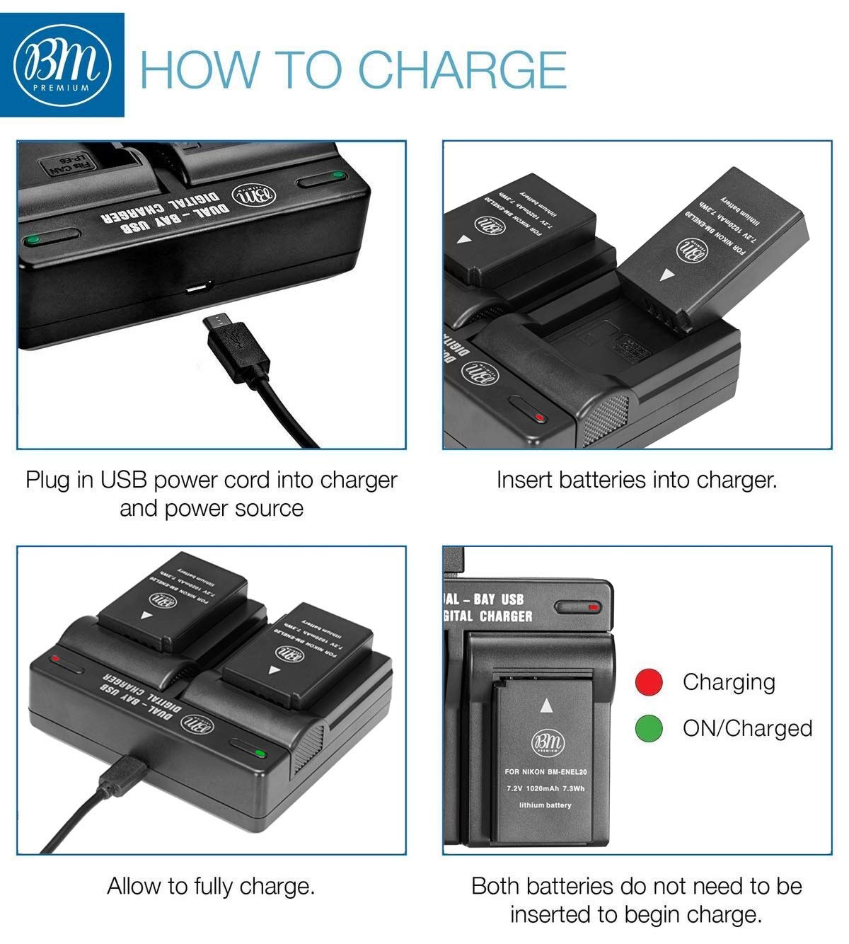 Big Mike's ENEL20 EN-EL20a Li-ion Battery & Dual USB Charger Kit for Nikon Coolpix P950 P1000 DL24-500 Cameras Black
