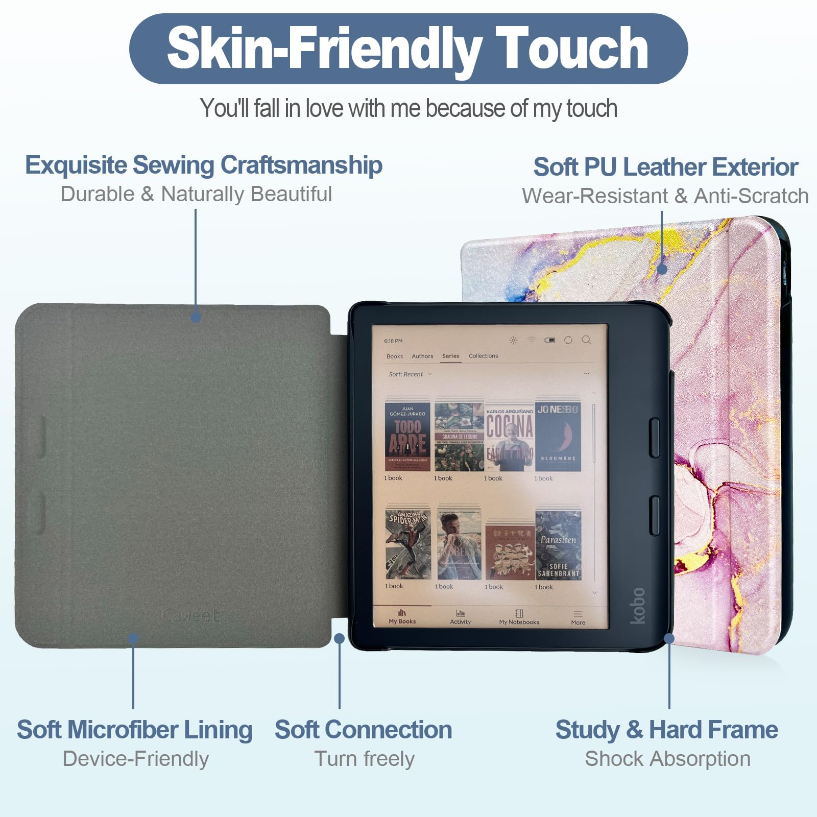 Caweet Case For Kobo Libra Colour (Model:N428, 2024 Release), Ultra Lightweight Pu Leather Shell Cover With Auto Wake/Sleep, Dre