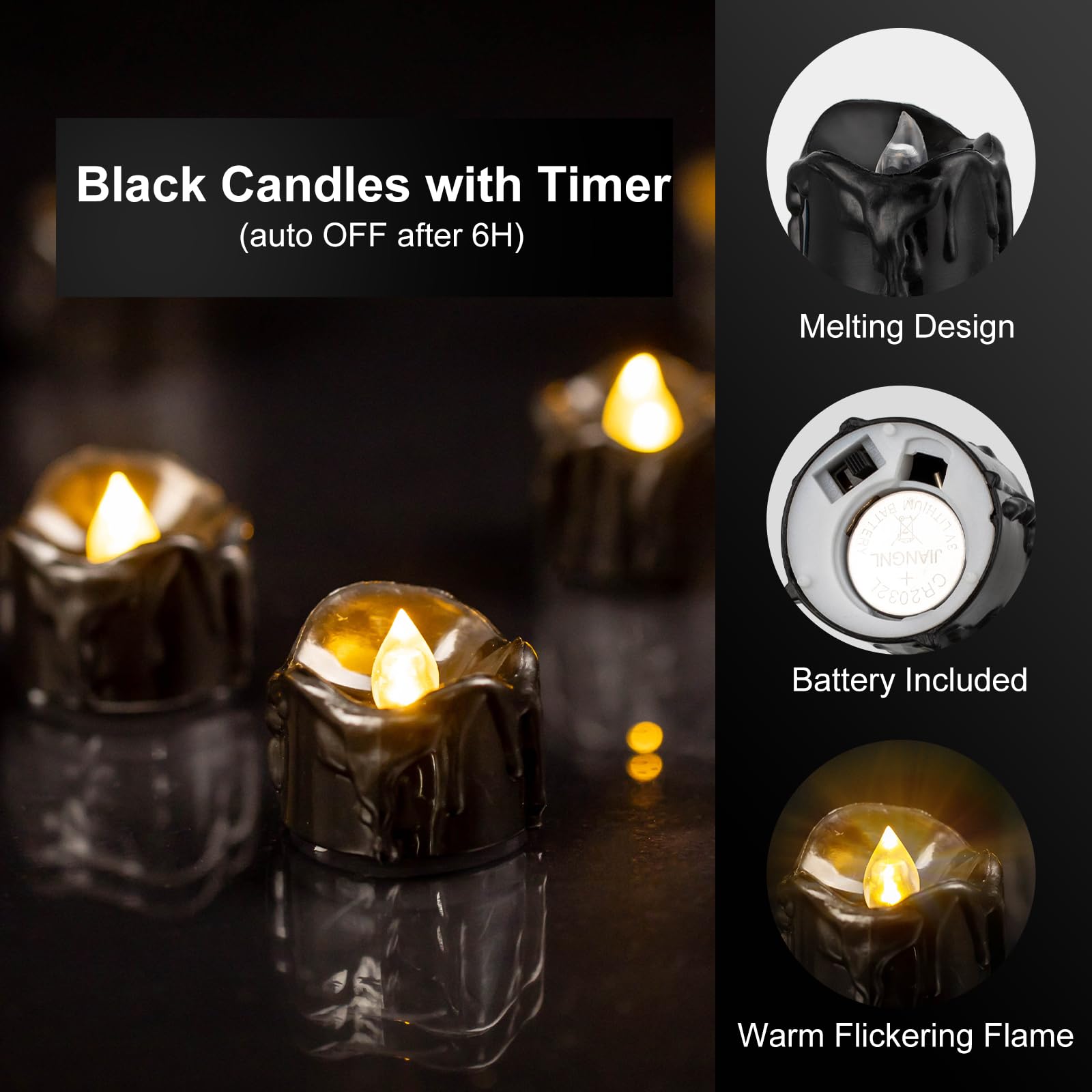 Windshell Black Tealight Candles With Timer, Melting Design (Plastic), Battery Operated Led Flameless Tea Lights For Party, Wedd