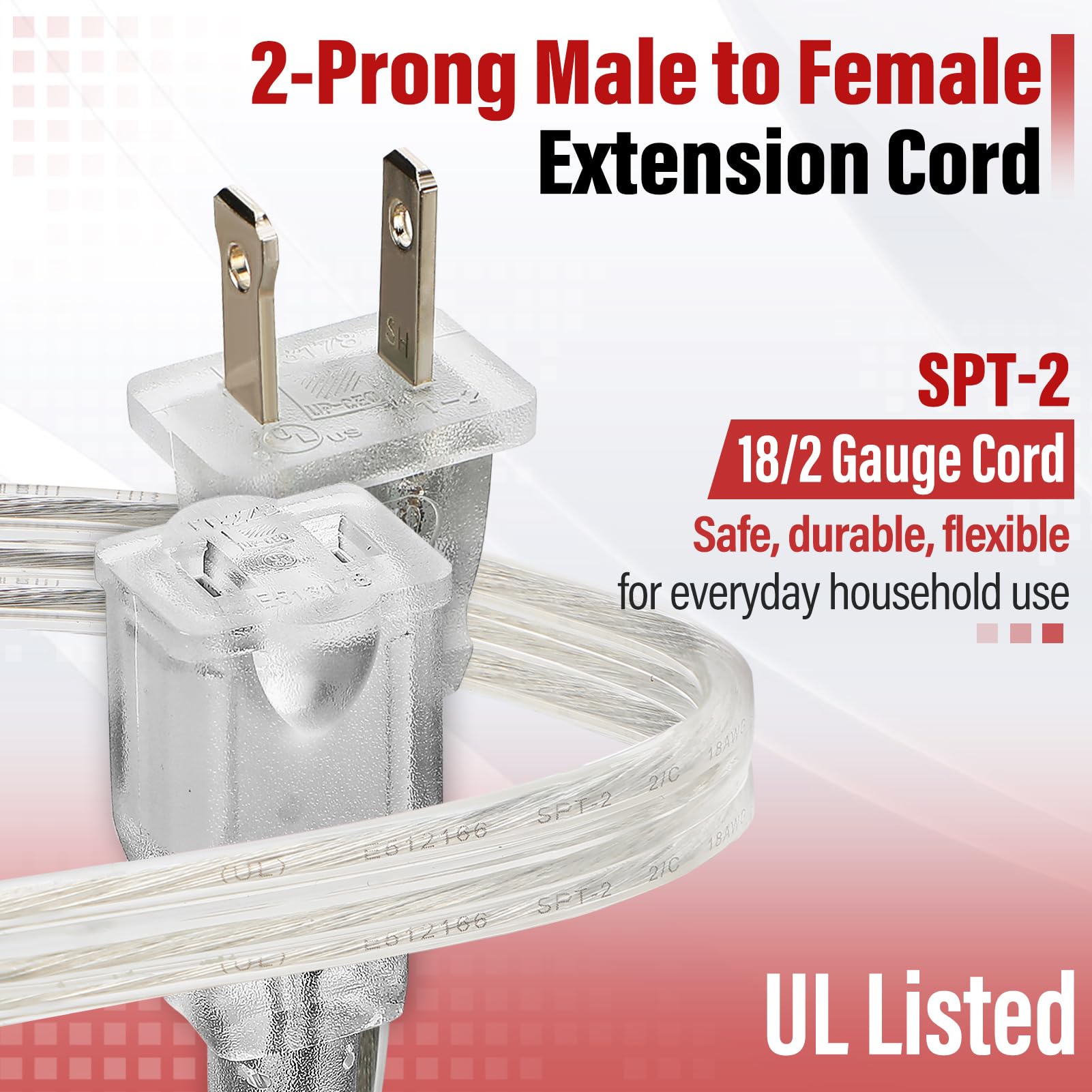 Clear Extension Cord   15 Ft Male To Female Invisible Indoor 2 Prong Power Cable, Thin For Christmas Tree Lighting, Ul Certified