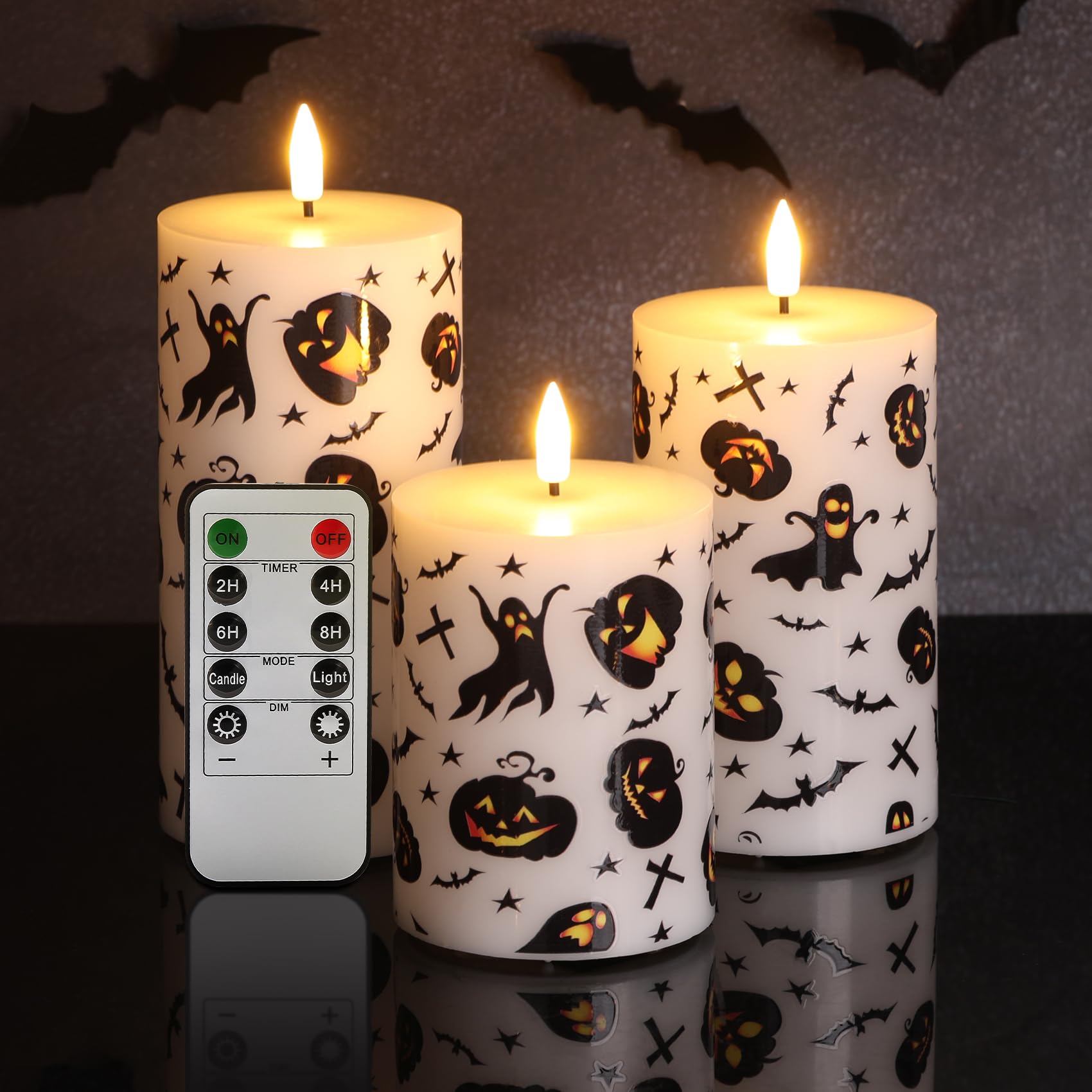 Girimax Halloween Flameless Pillar Candles with Remote, Flickering Spooky LED Wax Candles Battery Operated Set of 3