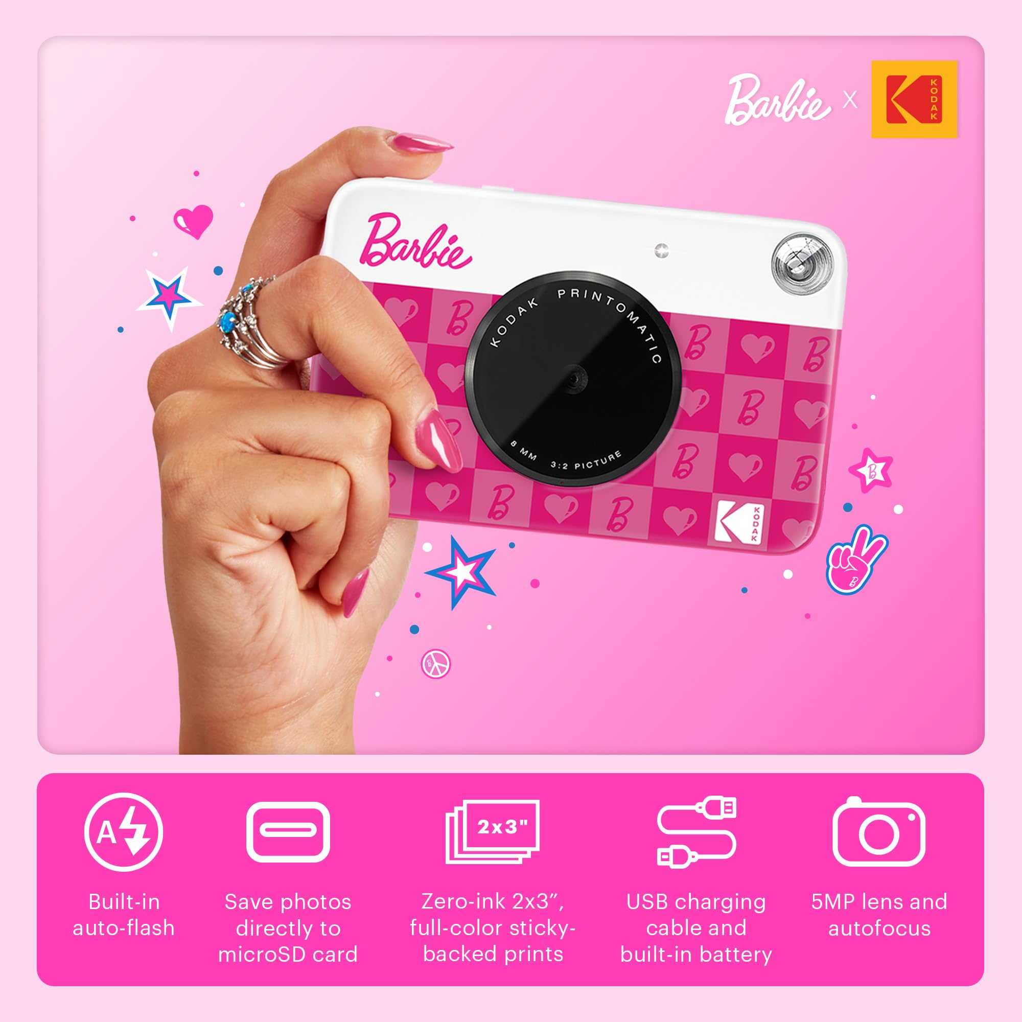Kodak X Barbie Printomatic Full Color Instant Print Digital Camera Barbie Gift Bundle (Iconic Style)+ Barbie Camera Case, Photo