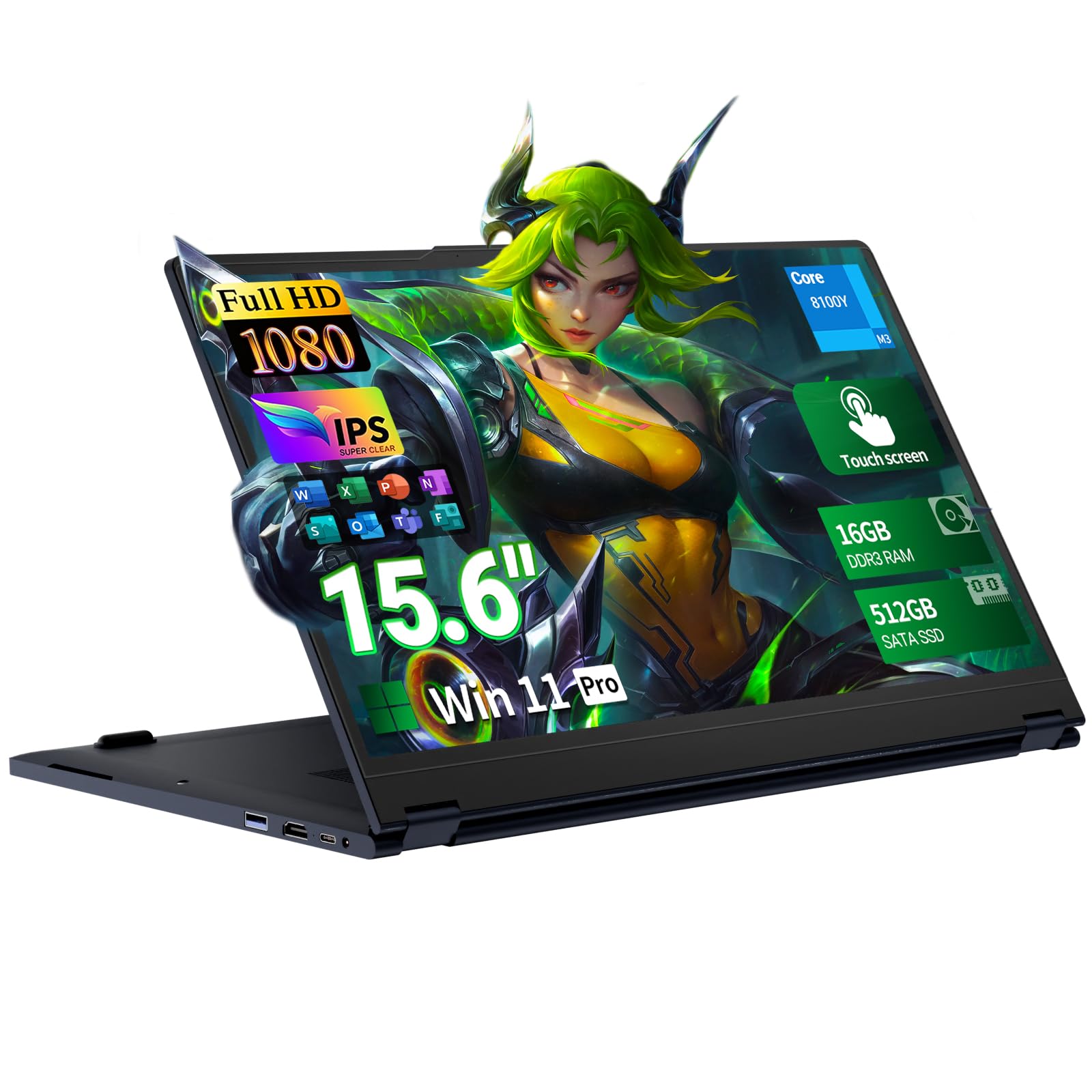 15.6 Inch 2-in-1 Touchscreen Laptop Computer, 16GB RAM 512GB SSD Core m3-8100Y Lap top, 360 Convertible Notebook Laptops with Wi