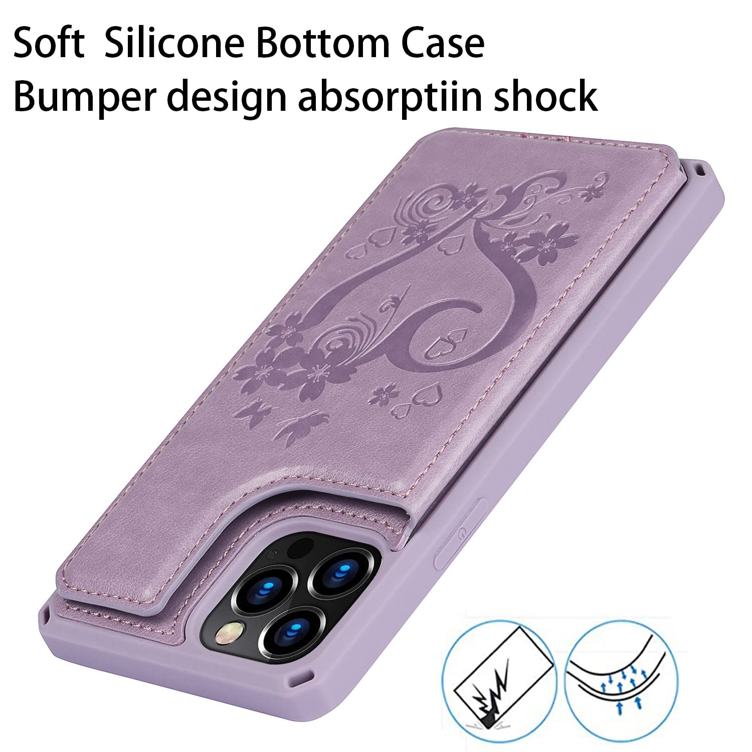 Cavor iPhone 12/12 Pro Wallet Case Embossed Heart Flower Pattern PU Leather Card Holder Shockproof Purple
