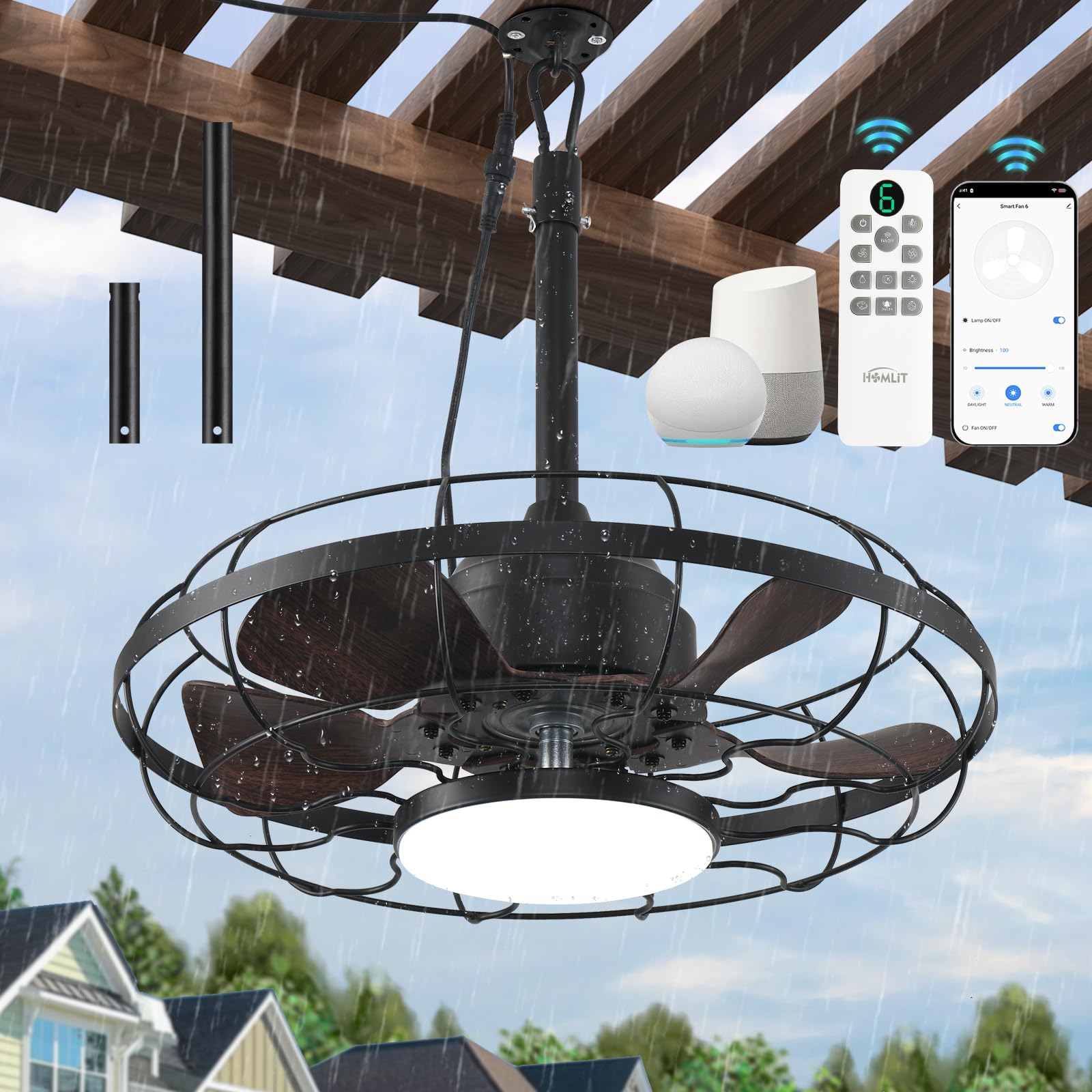 Homlit Outdoor Ceiling Fan with Light for Patios, 21 Gazebo Fans Outdoor Hanging, IP65 Waterproof Plug in Ceiling Fan with Alexa