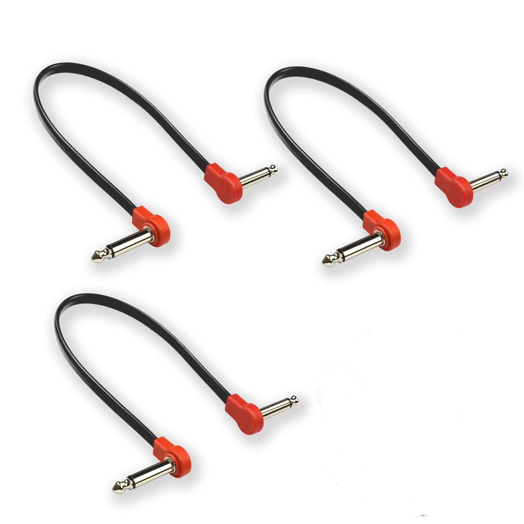 M MAKA Flat Low Profile Guitar Patch Cable 12 inch 1 Foot for Effects Pedals, 1/4 inch Right-Angle, Red, 3-Pack New Version