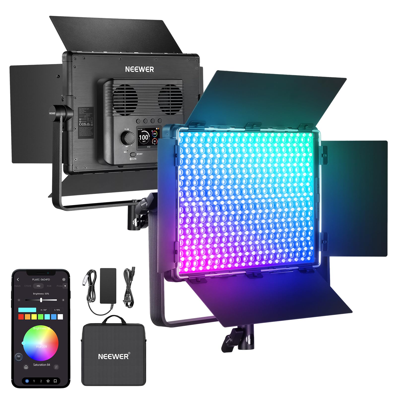 Neewer Pl60C Rgb Led Panel Video Light App/2.4G/Dmx Control, 60W 23000Lux/0.5M 2500K 10000K Rgbcw Pro Photography Studio Lightin