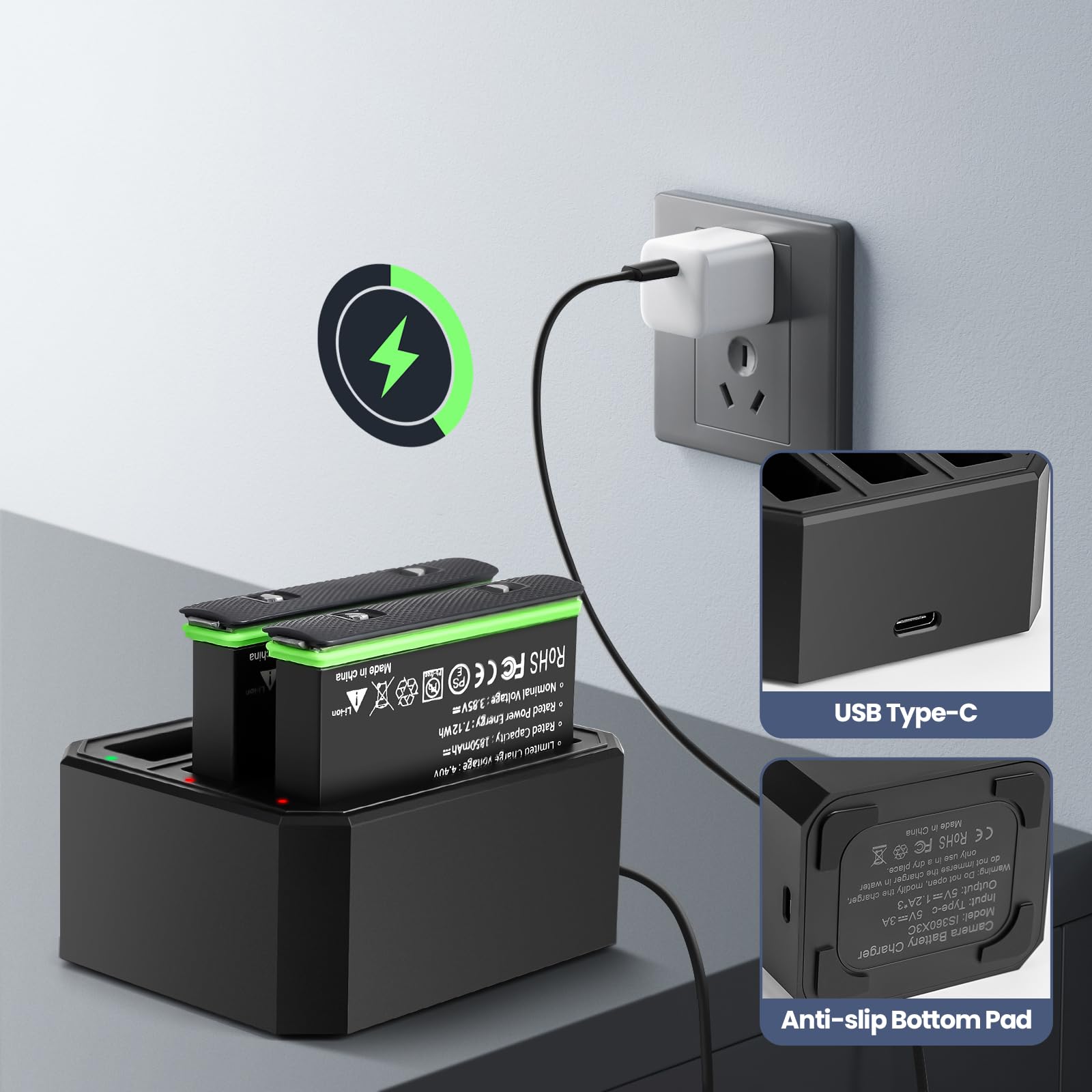 2 Packs Replacement 360 X3 Batteries & 3 Channel Charger Hub, Compatible With Insta360 X3, 1850Mah Battery For Insta360 X3 Acces