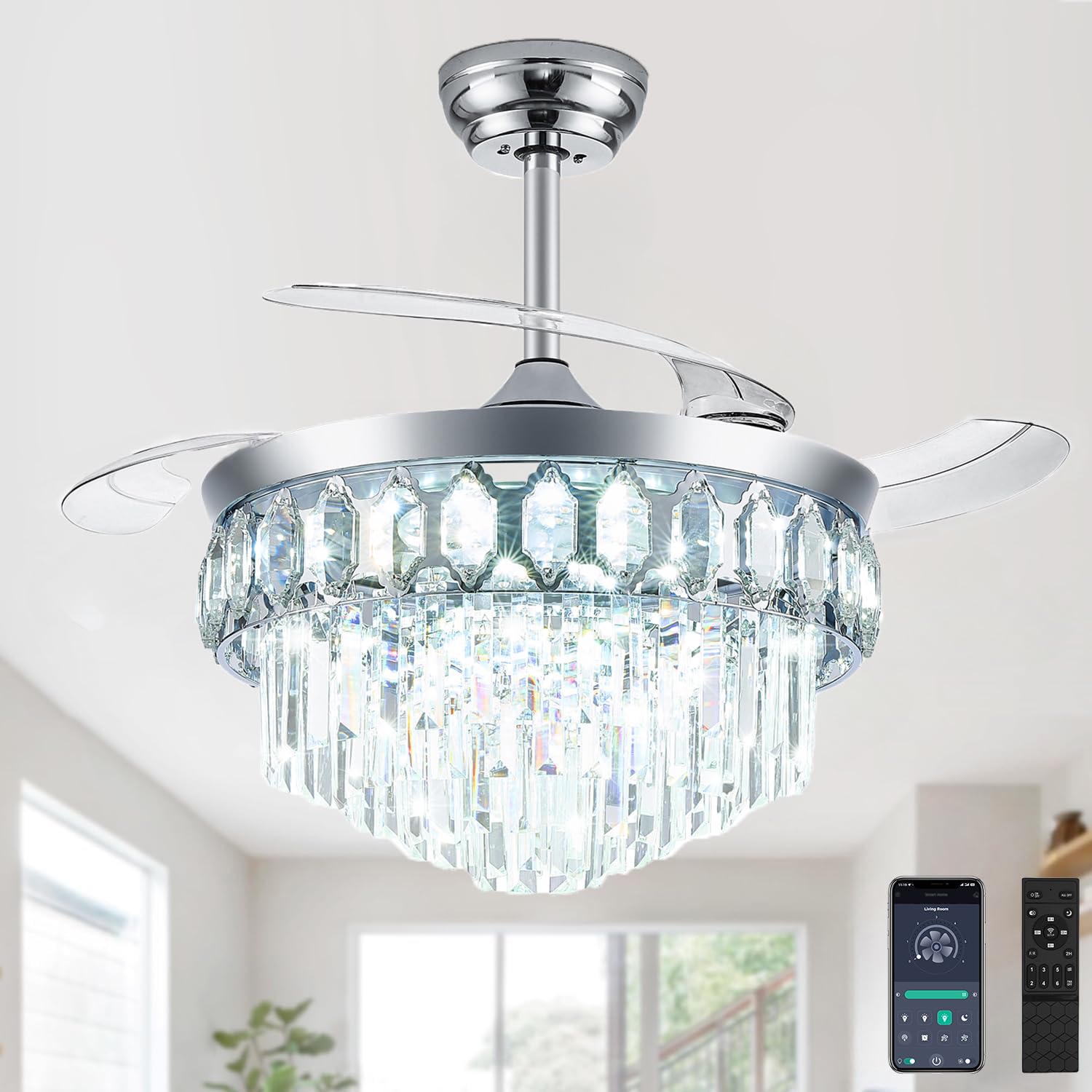 FIDGRA 42 Fandelier Ceiling Fan with Light, Chandelier Ceiling Fan with Lights Retractable Fan for Bedroom, Living Room, LED D