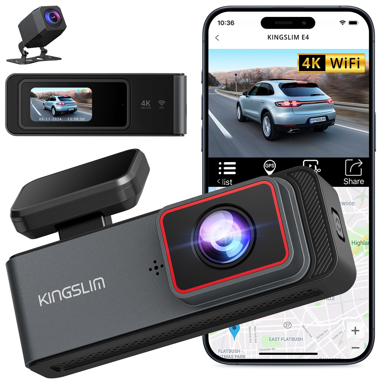 Kingslim E4 4K Dash Cam Front And Rear, Ultra Hd Front 4K Rear 1080P Dual Channel Real 4K Dash Camera For Cars, 1.5'' Mini Lipst
