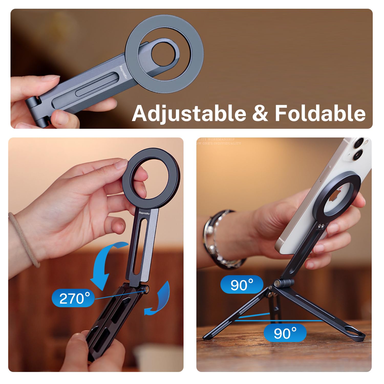 Repmidfer Ultra Light Aluminium Magnetic Phone Tripod Stand For Iphone 17 Air 16 Pro Max, Foldable Magnetic Phone Holder, Pocket