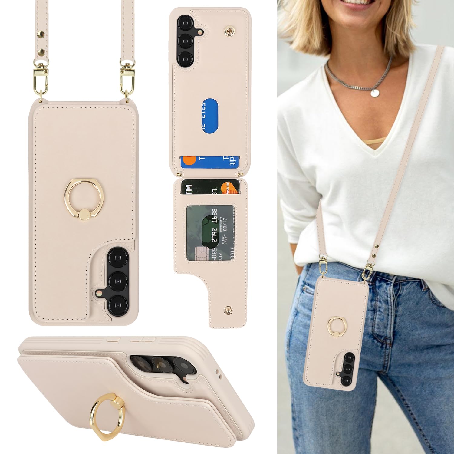 Lipvina for Samsung Galaxy S24 Case with Card Holder and Strap for Women,Crossbody Lanyard,RFID Blocking,Stand Ring Kickstand,Sn