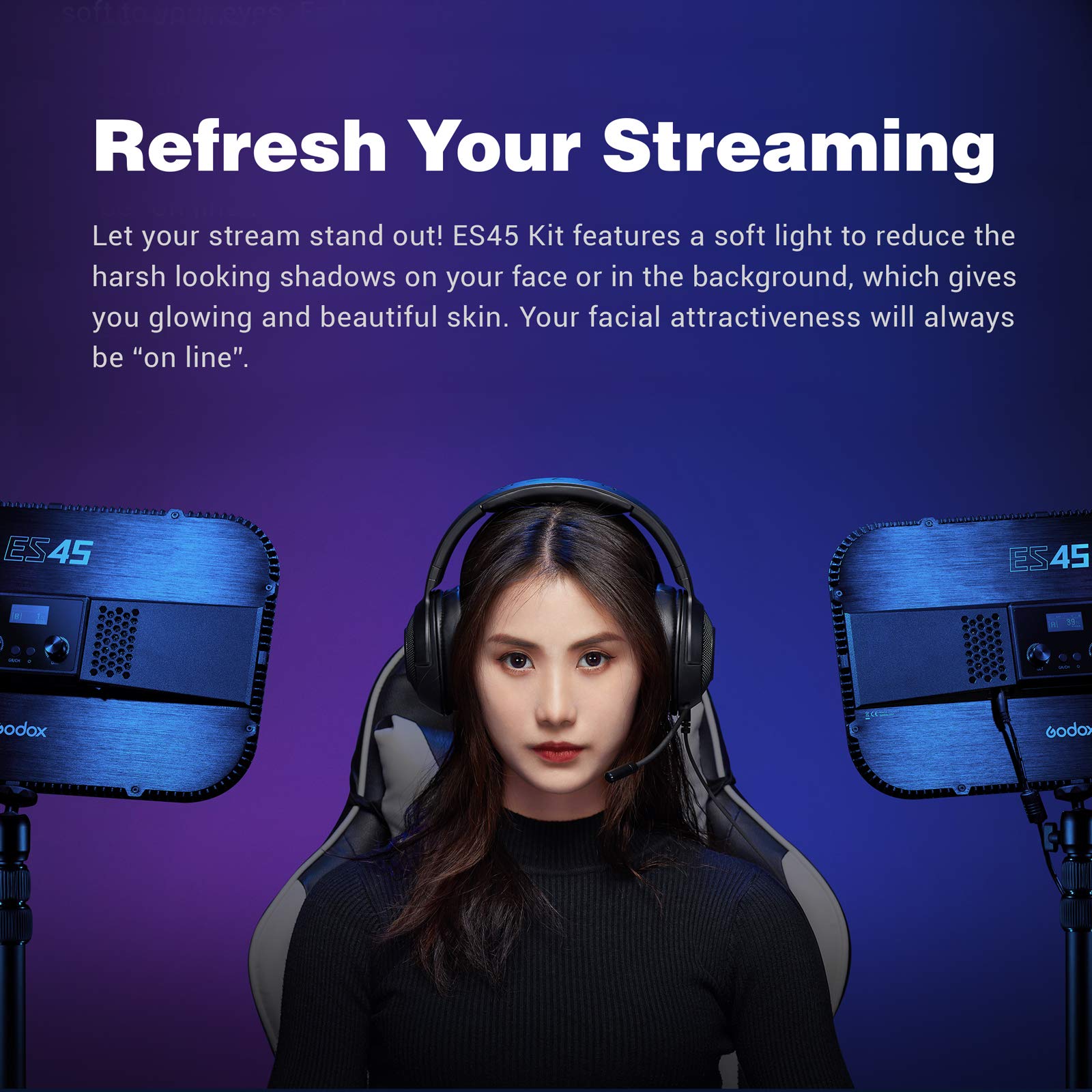 Godox Es45 Key Light,Led Video Light With Extendable Desk Stand,2.4G Wireless Control,0 100% Brightness & 2800 6500K Color Tempe