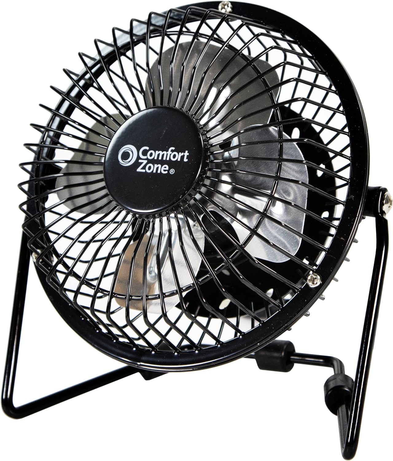 Comfort Zone Mini Portable Desk Fan with 360Degree Adjustable Tilt, Dual Powered (USB or Power Cord), 4 inch, AllMetal Constru