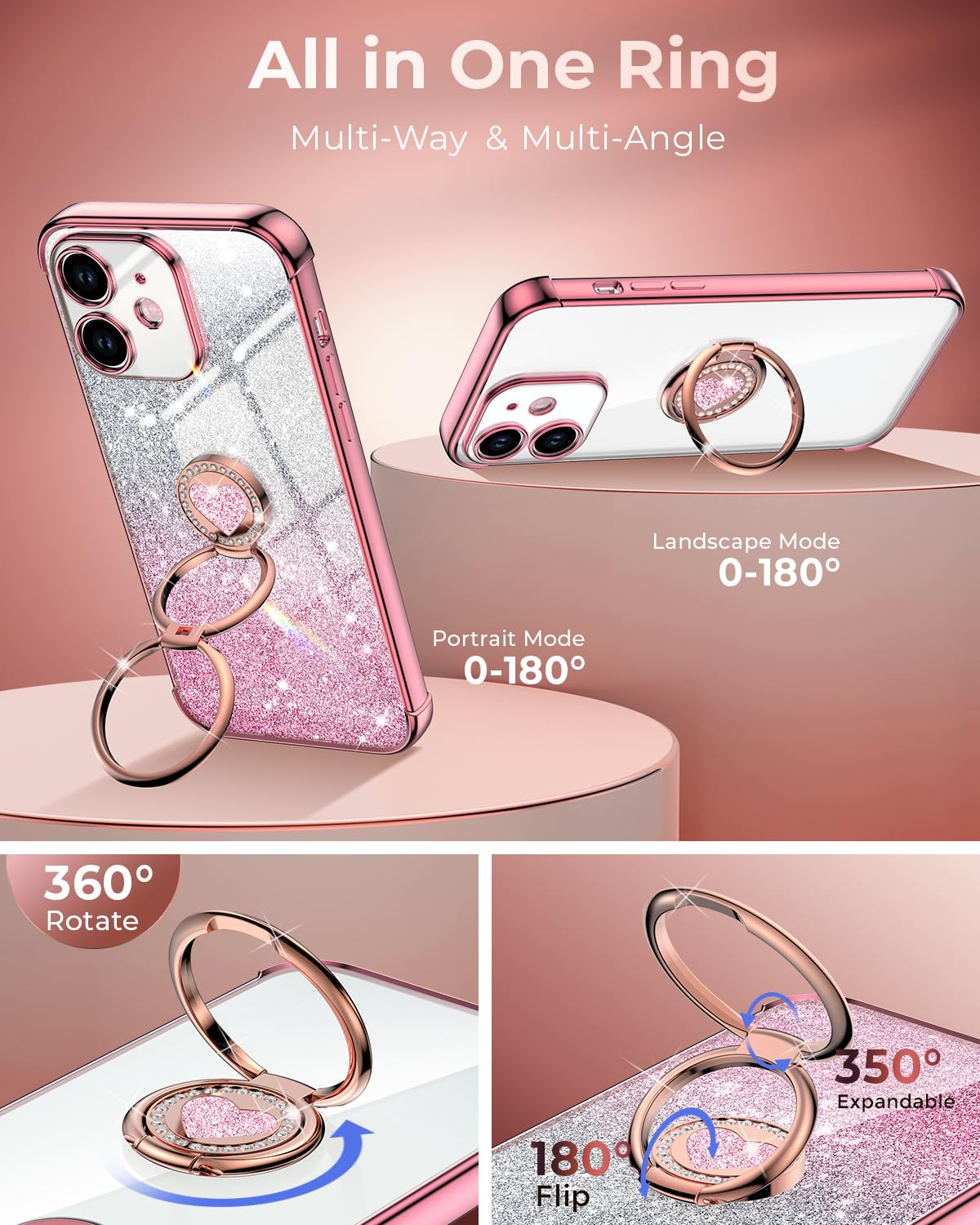 Xyz For Iphone 12 Mini Case With Stand, Phone Case With Double Ring Kickstand, Women Girls Bling Luxury Glitter Clear Phone Case