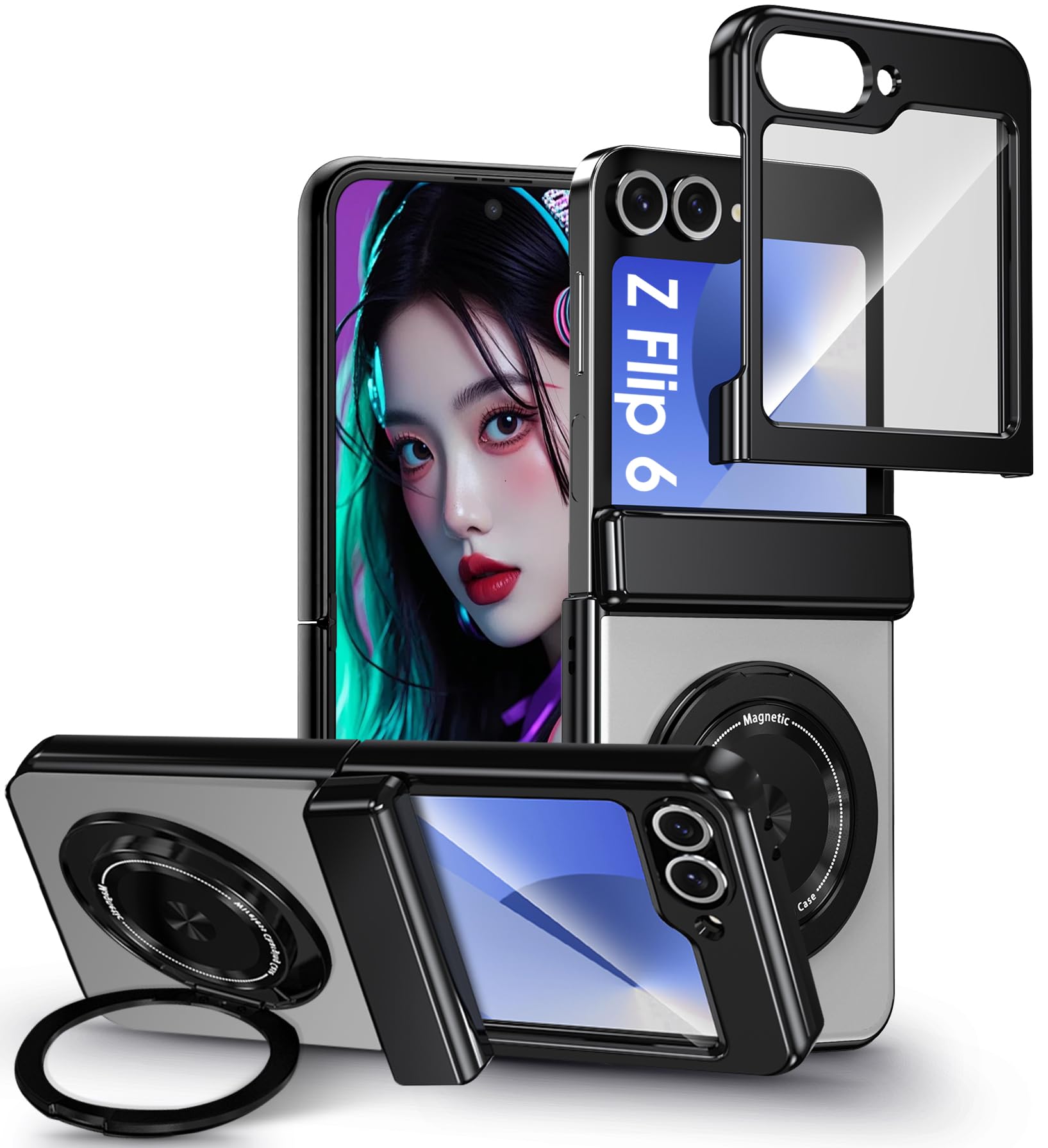 Fiyer for Samsung Galaxy Z Flip 6 Case with Screen Protector, Hinge Protection Phone Case for Z Flip 6, with Mag-safe, 360 Rotat