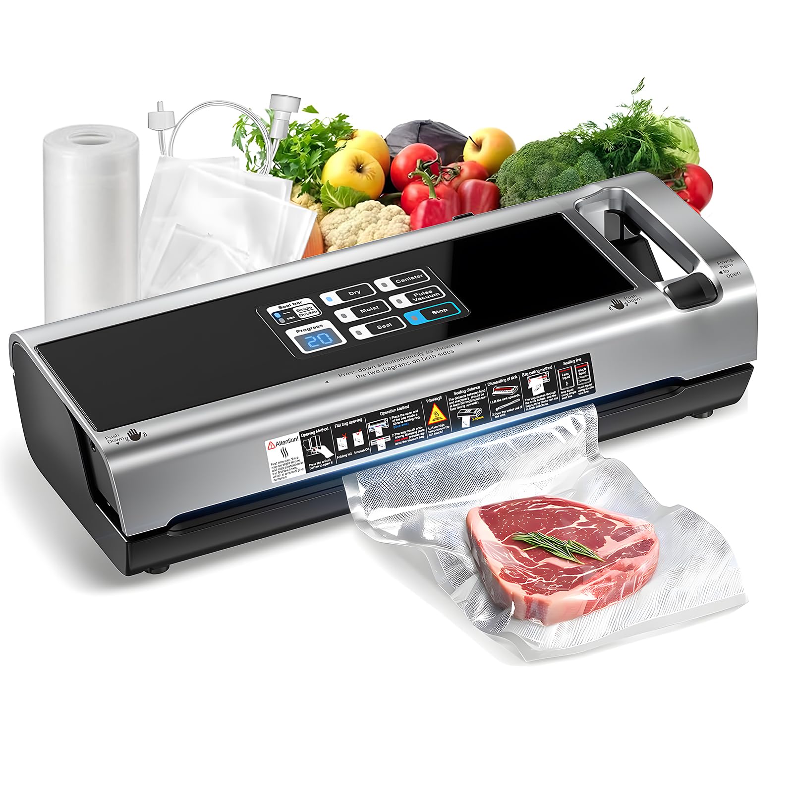 Food Vacuum Sealer Machine, 95KPa Powerful Food Saver with Dry/Moist/External Vacuum Modes, Built-in Cutter & Bag Storage, Singl